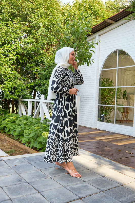 Abstract Print Belted Modest Dress – Black