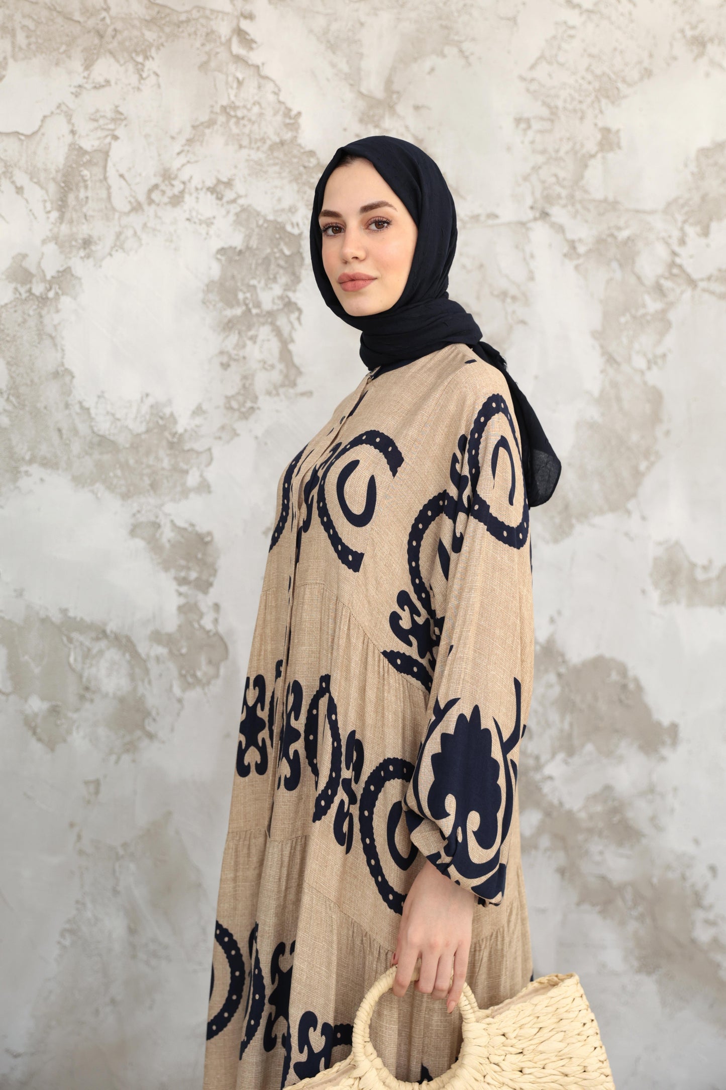Amara Heritage Print Modest Maxi Dress – Taupe & Navy