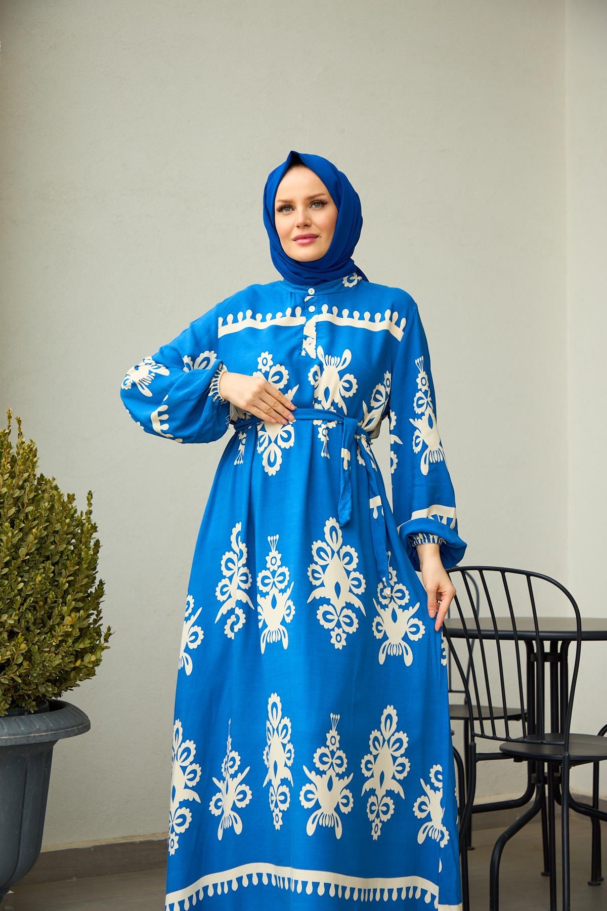 Ayla Heritage Print Modest Maxi Dress – Royal Blue & Ivory