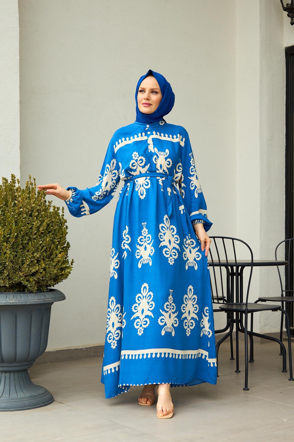 Ayla Heritage Print Modest Maxi Dress – Royal Blue & Ivory