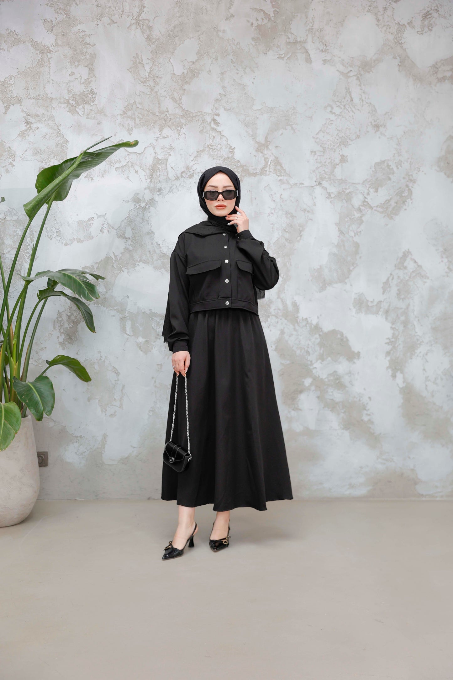 Button Detail Skirt Set – Black