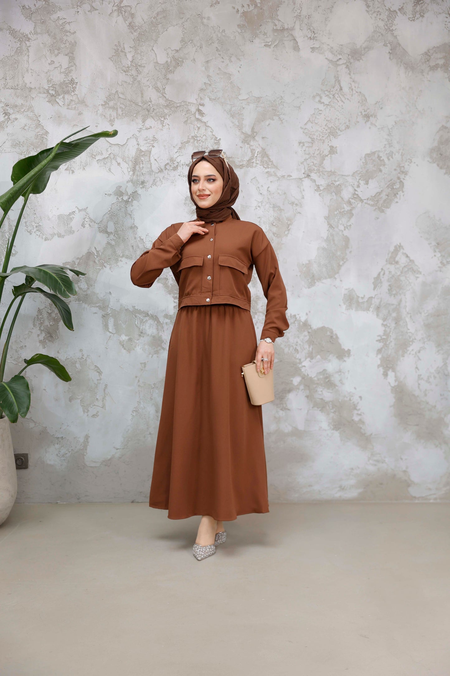 Button Detail Skirt Set – Brown