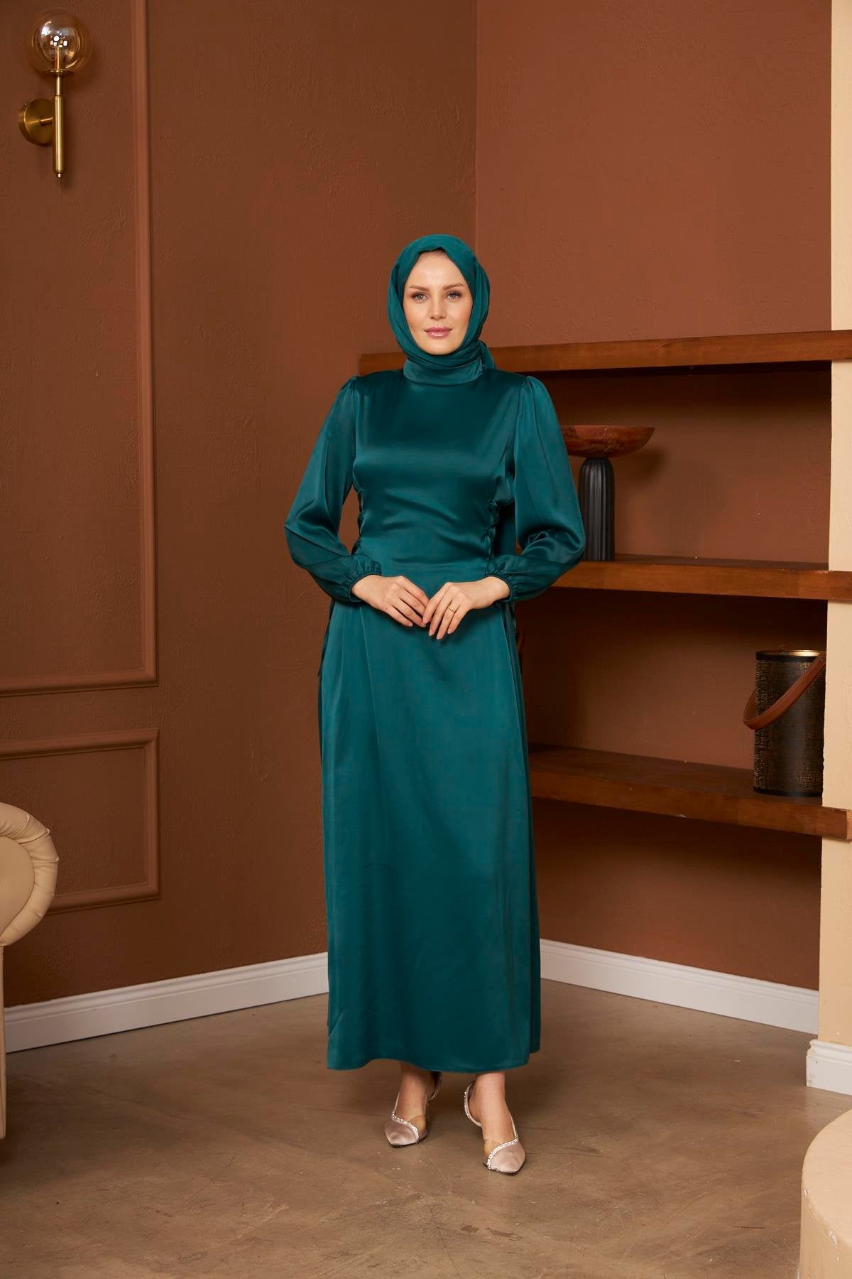 Emerald Green Satin Abaya Dress