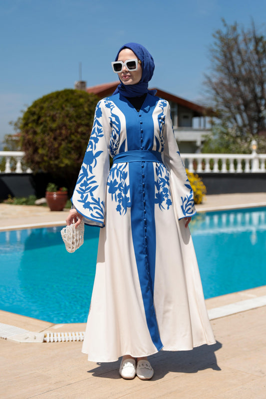 Floral Print Modest Dress – Blue & White
