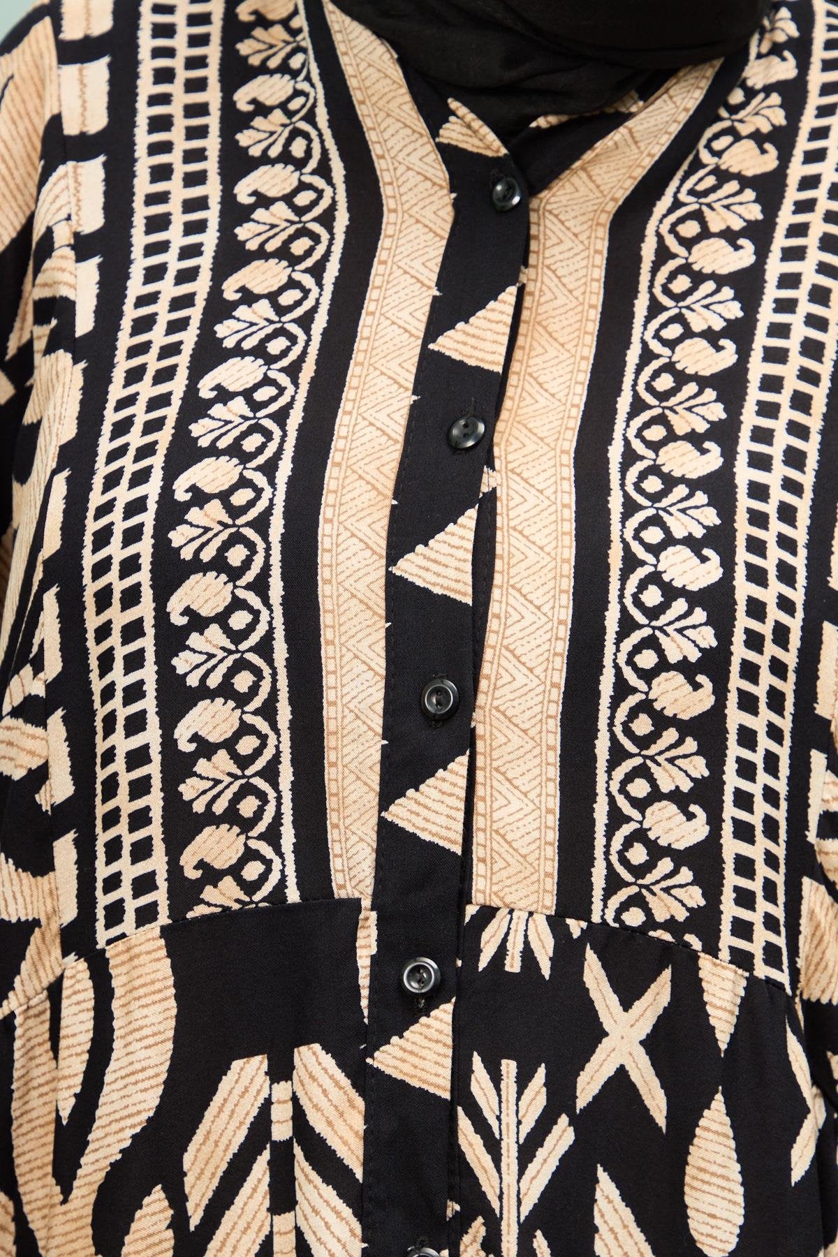 Geometric Print Viscose Modest Dress – Black