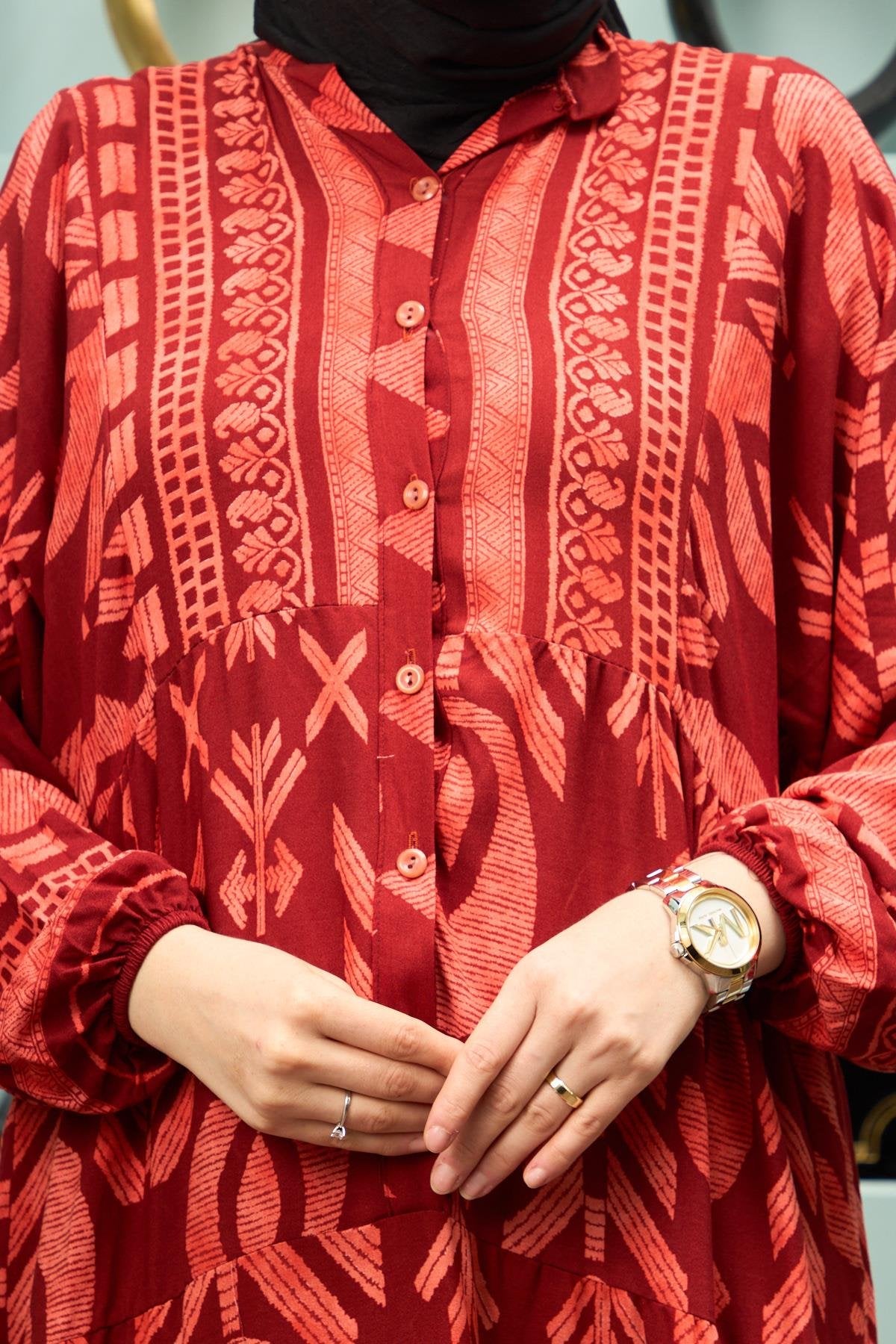Geometric Print Viscose Modest Dress – Red