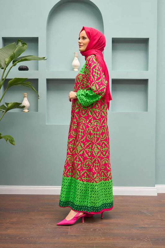 Grace Mosaic Modest Maxi Dress – Fuchsia & Emerald Green