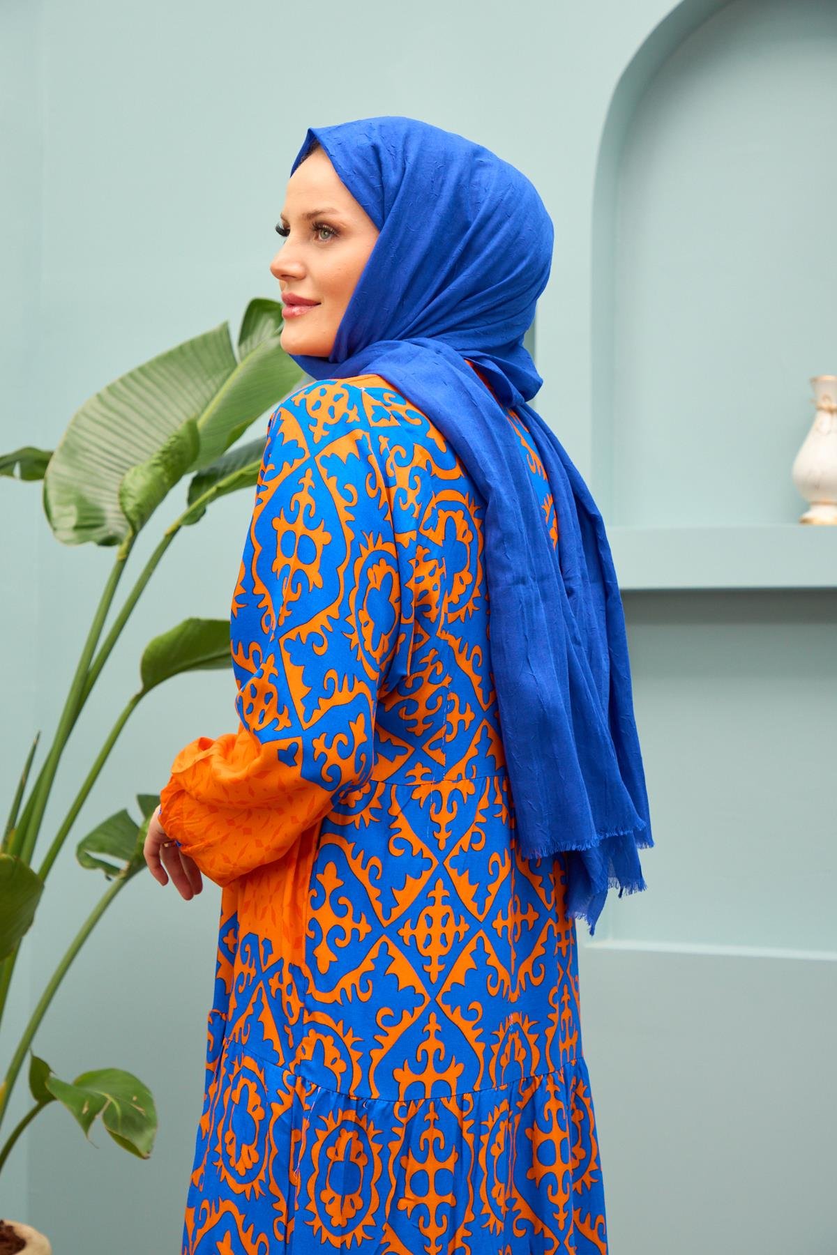 Grace Mosaic Modest Maxi Dress – Orange & Royal Blue