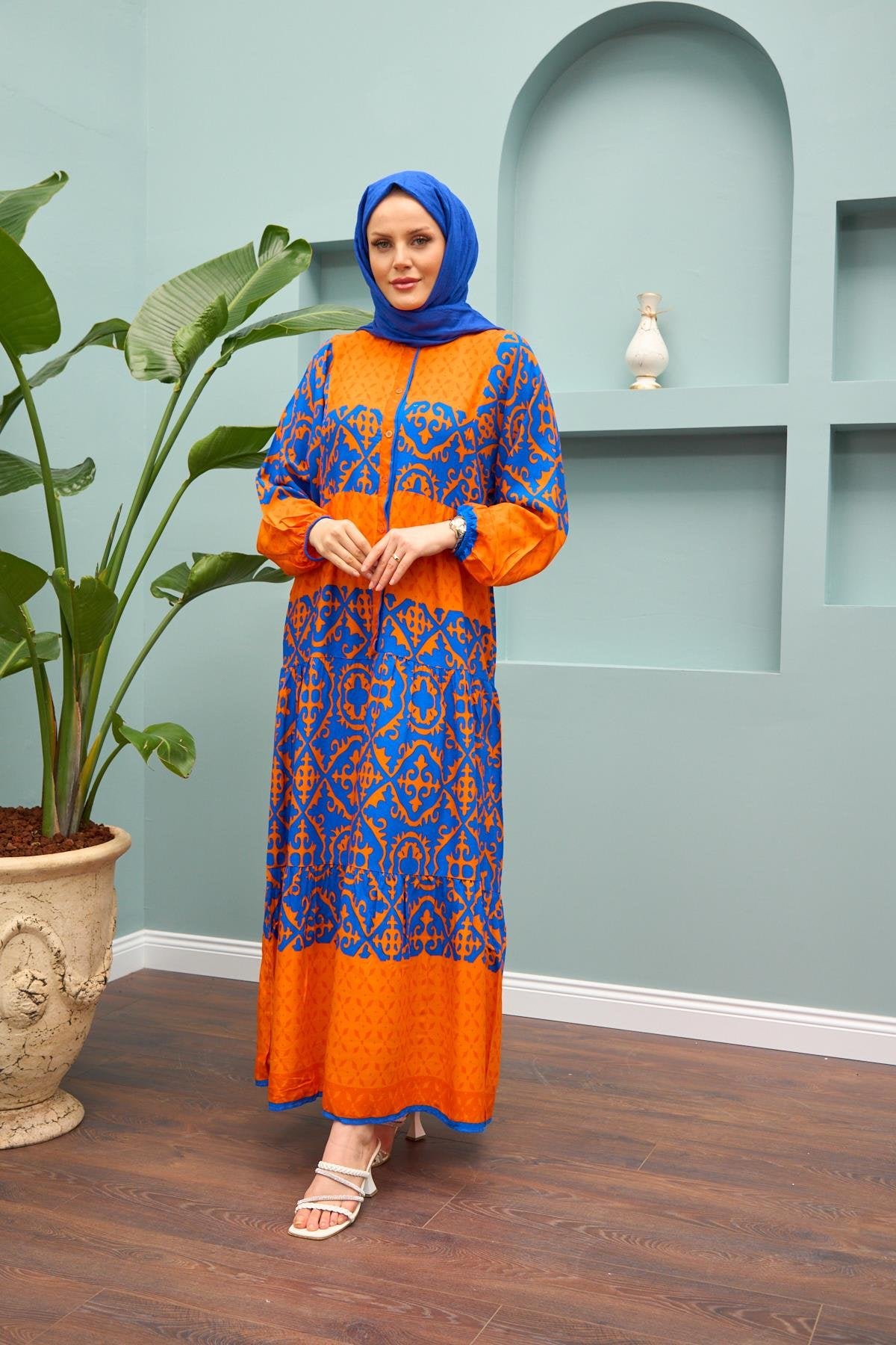 Grace Mosaic Modest Maxi Dress – Orange & Royal Blue