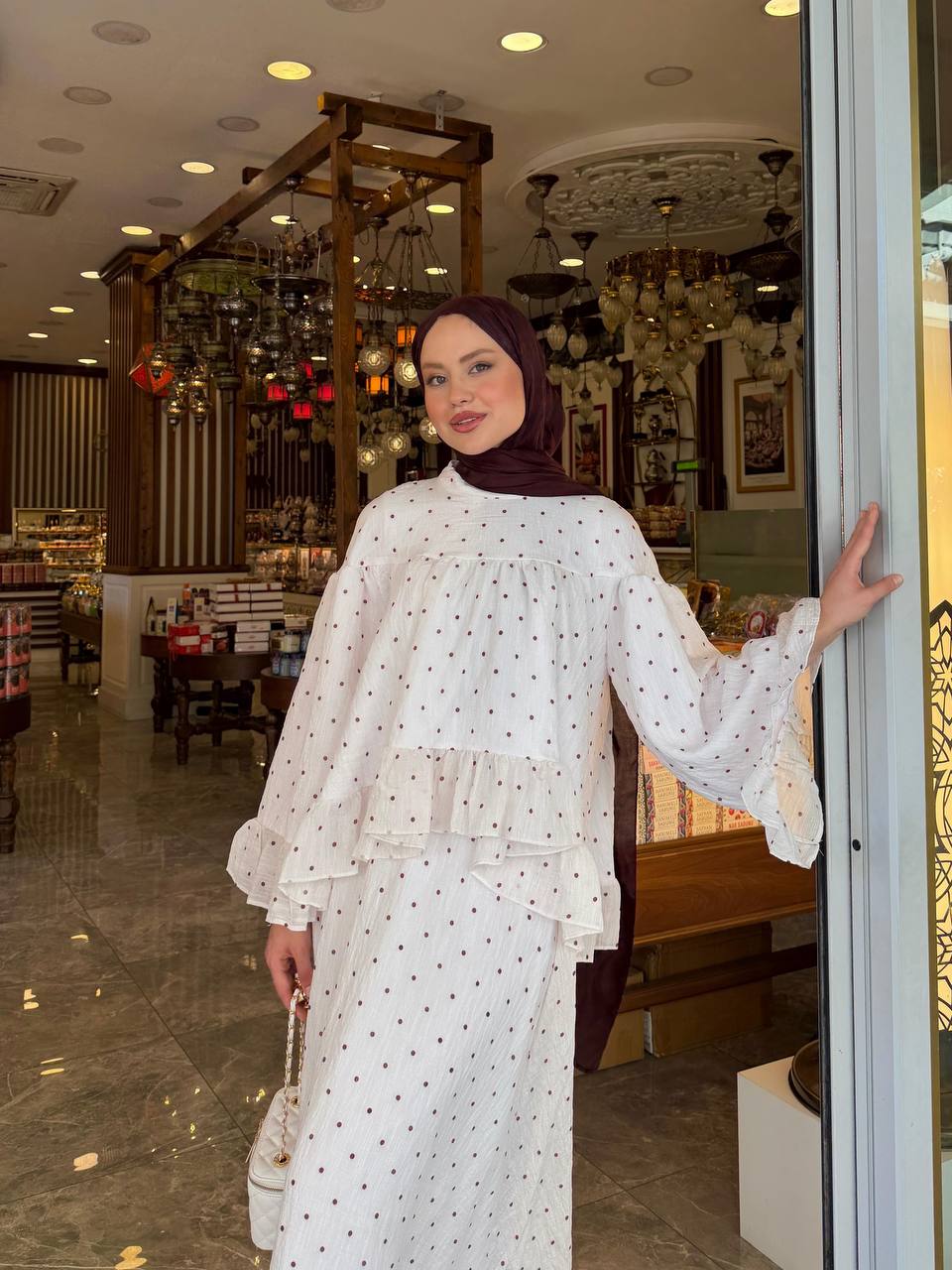 Polka Dot Tulle Modal Blouse & Maxi Skirt Set – Ivory & Burgundy
