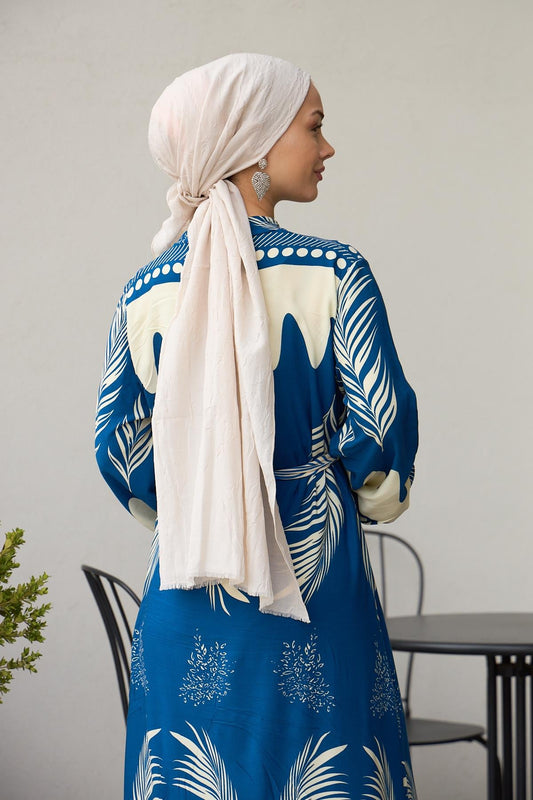 Lina Palm Print Modest Maxi Dress – Blue & Ivory