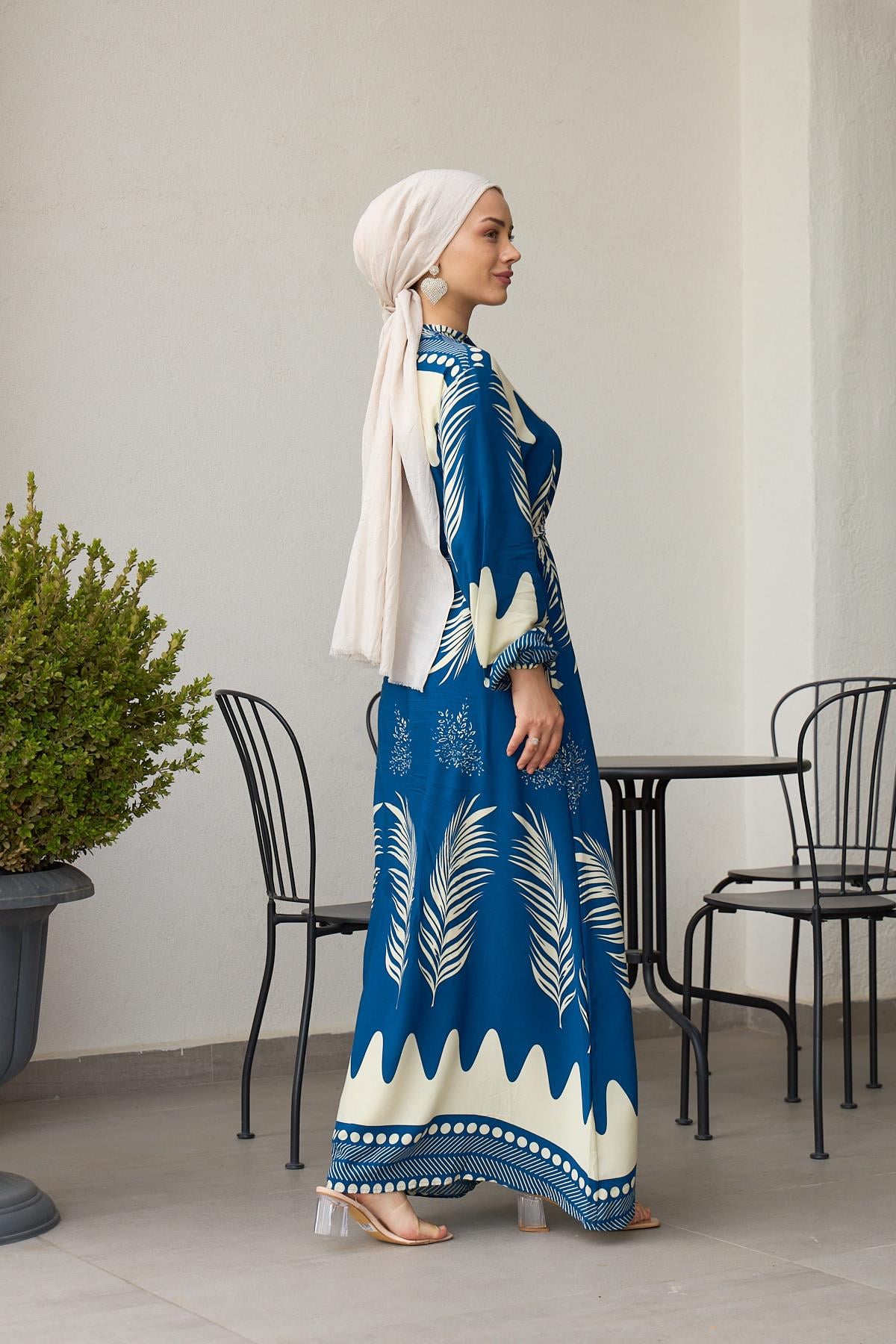 Lina Palm Print Modest Maxi Dress – Blue & Ivory