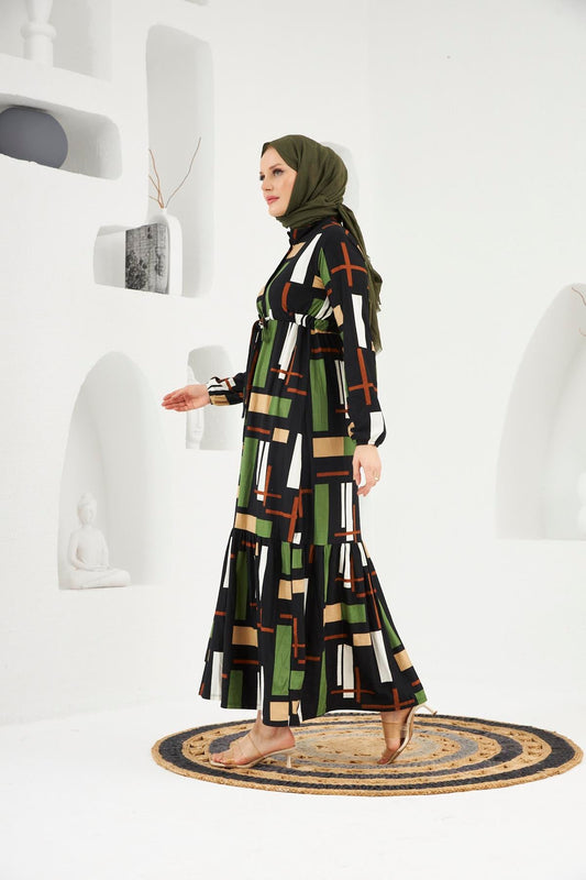 Nora Geometric Modest Maxi Dress – Black Multi