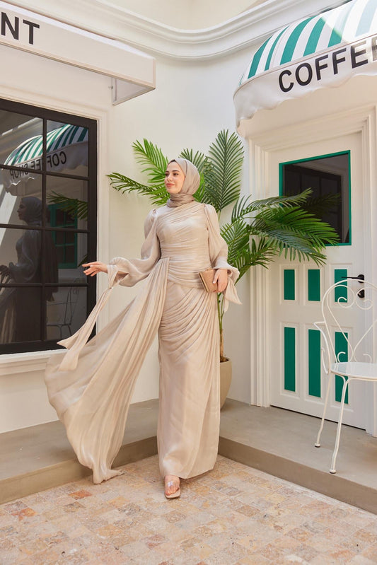 Ruched Shimmer Evening Abaya – Champagne