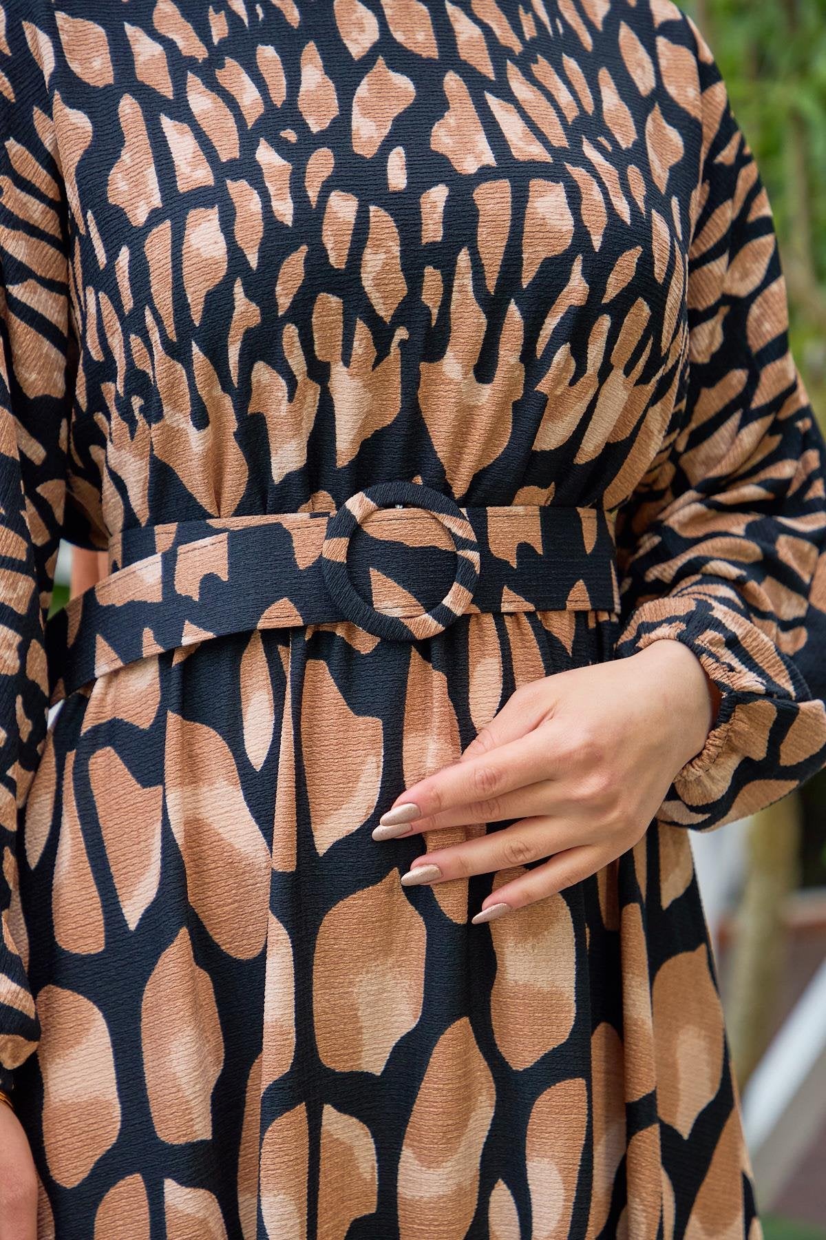 Sahara Abstract Print Modest Maxi Dress – Taupe & Black