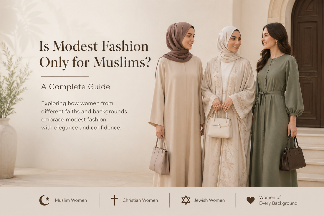 Three elegantly dressed women representing inclusive modest fashion, illustrating that modest clothing is embraced by Muslim, Christian, Jewish, and women of all backgrounds.