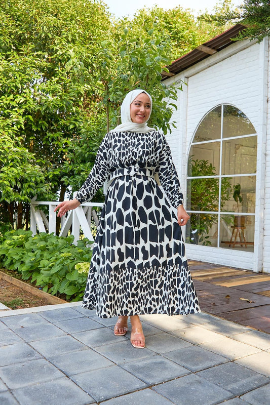 Abstract Print Belted Modest Dress – Black