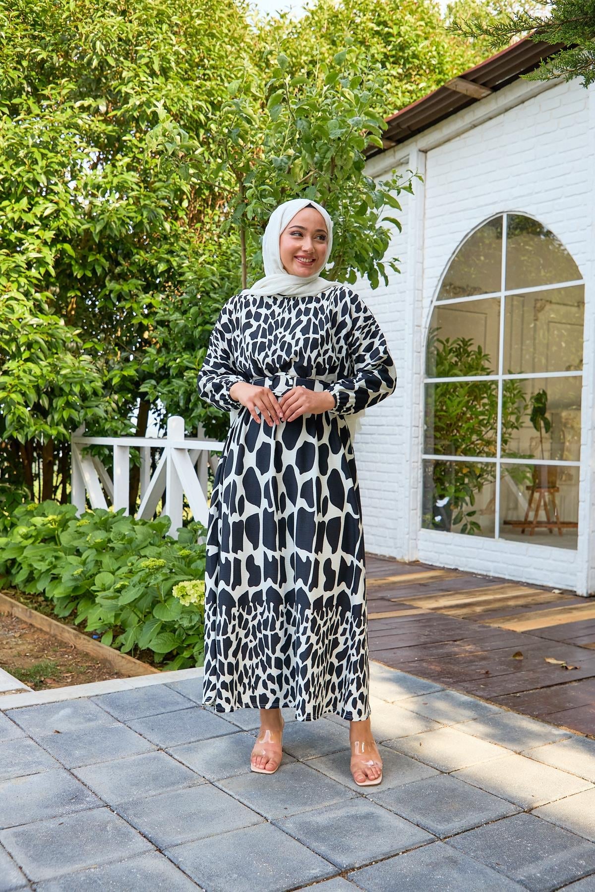 Abstract Print Belted Modest Dress – Black