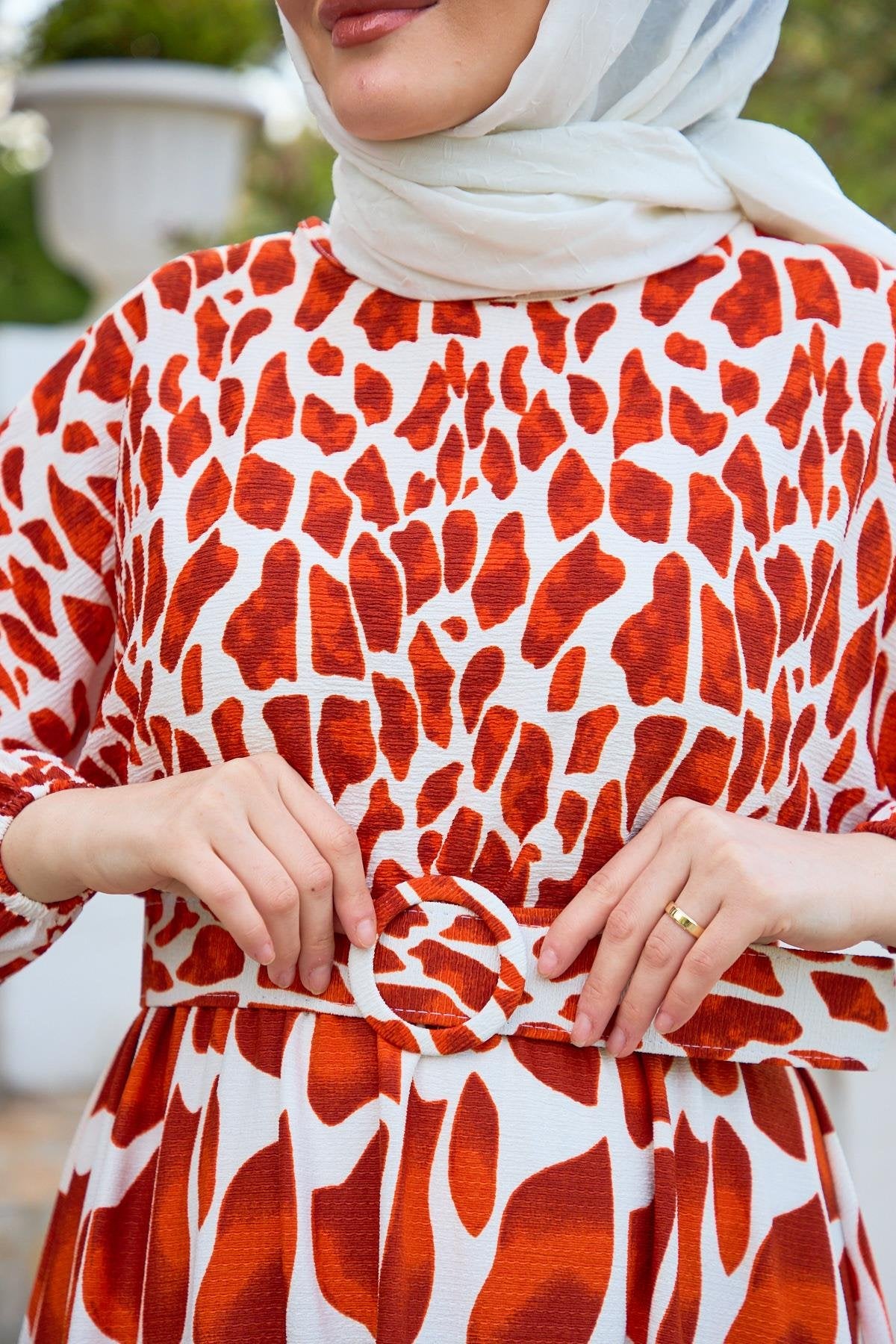 Abstract Print Belted Modest Dress – Terracotta
