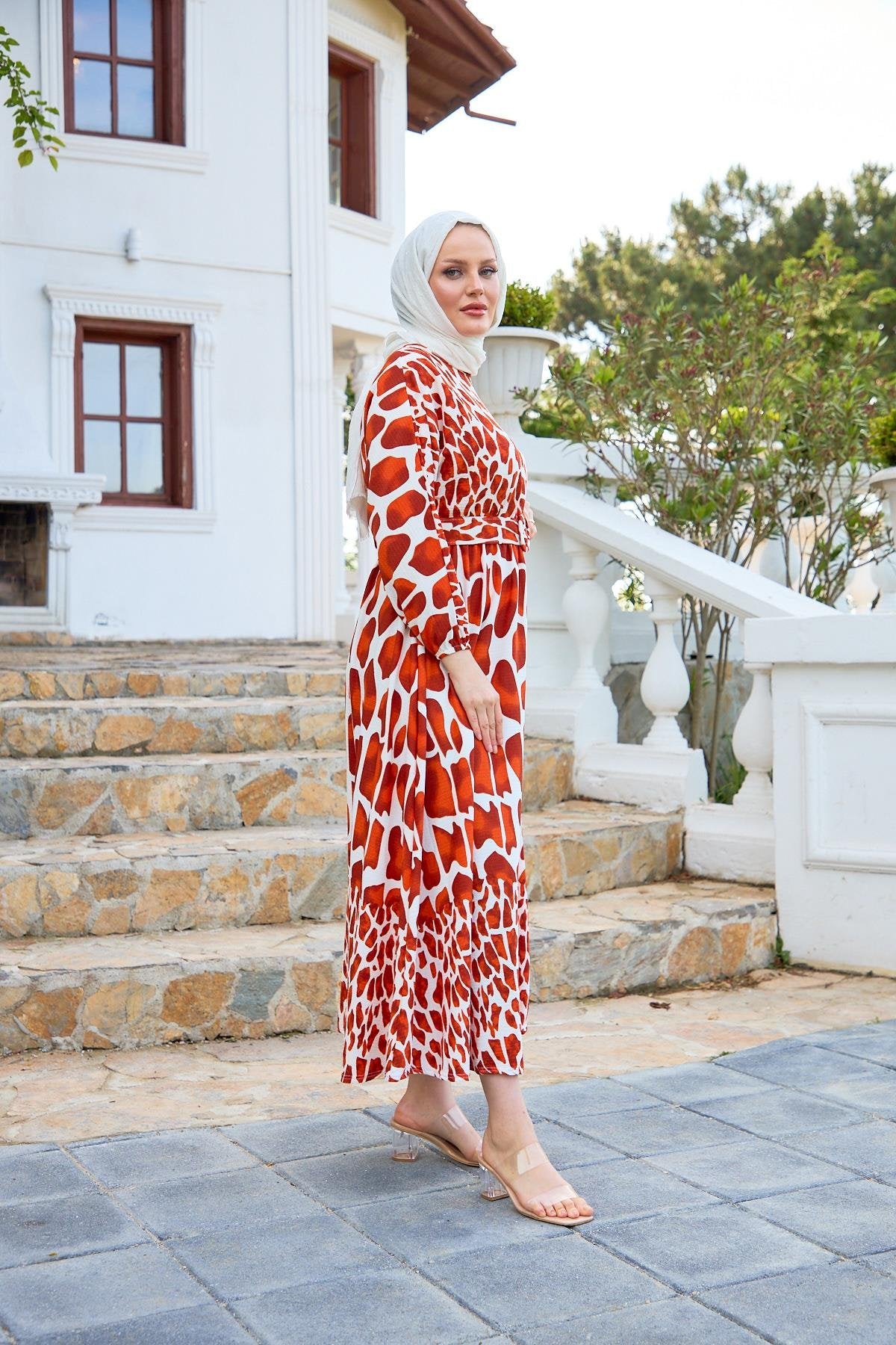 Abstract Print Belted Modest Dress – Terracotta