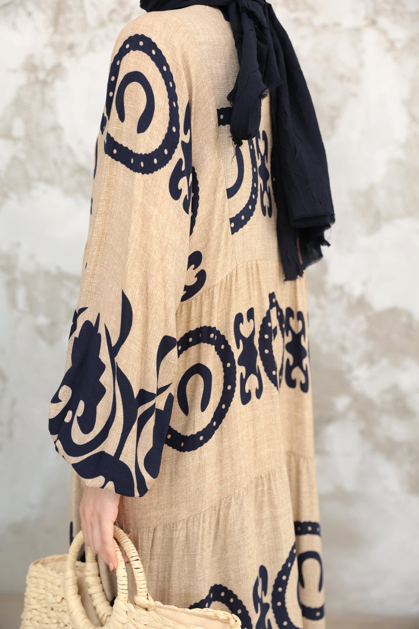 Amara Heritage Print Modest Maxi Dress – Taupe & Navy