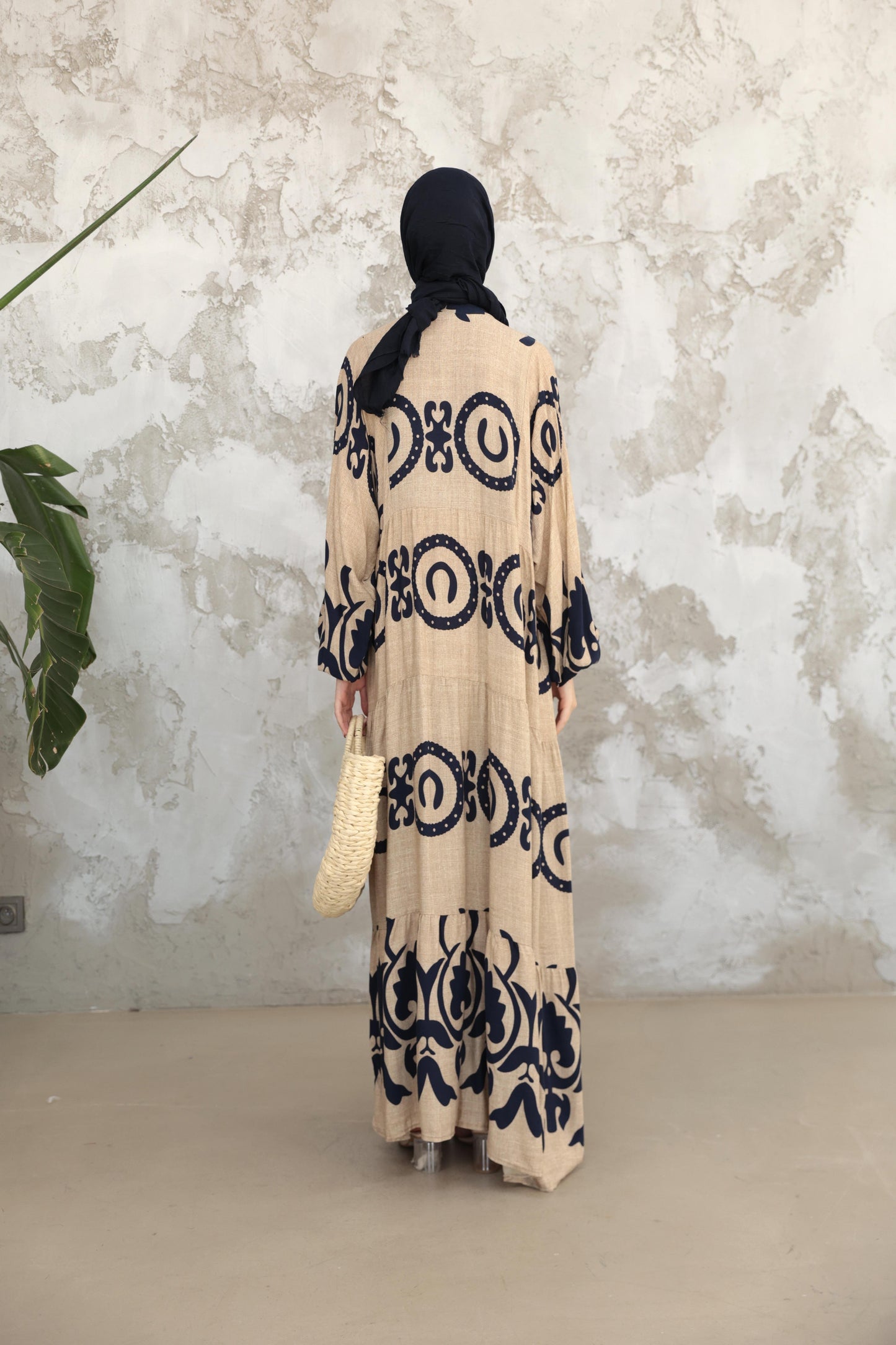 Amara Heritage Print Modest Maxi Dress – Taupe & Navy