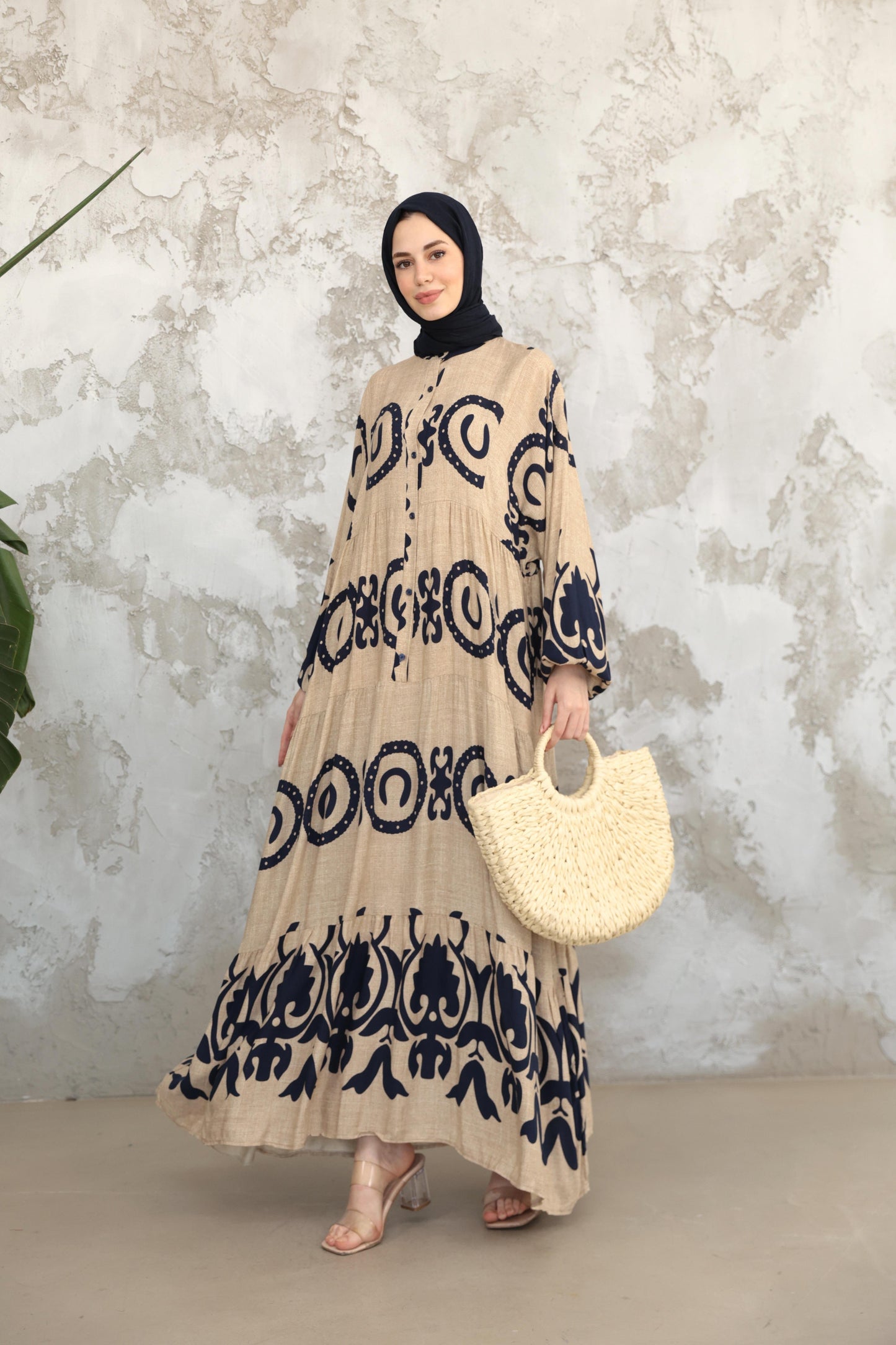 Amara Heritage Print Modest Maxi Dress – Taupe & Navy
