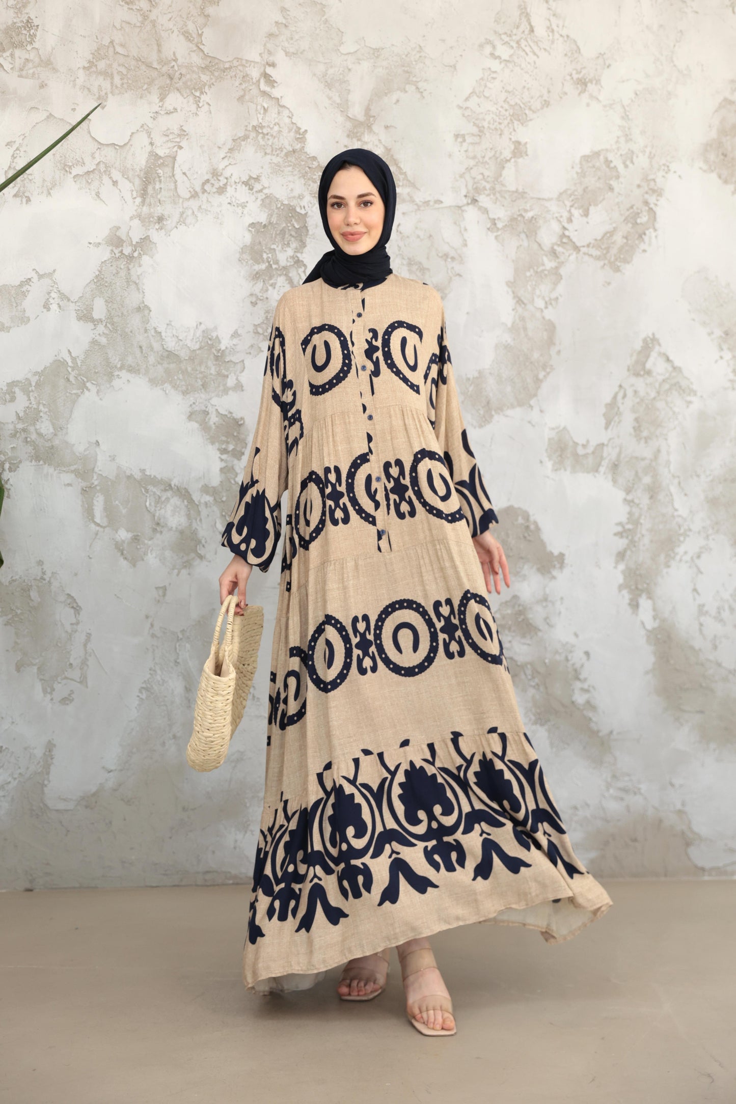 Amara Heritage Print Modest Maxi Dress – Taupe & Navy