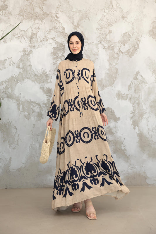 Amara Heritage Print Modest Maxi Dress – Taupe & Navy