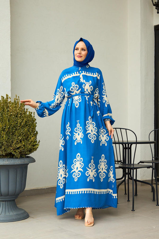 Ayla Heritage Print Modest Maxi Dress – Royal Blue & Ivory