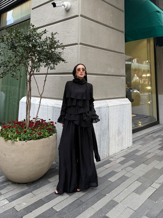 Layered Ruffle Tulle Modal Blouse & Wide-Leg Pant Set – Black