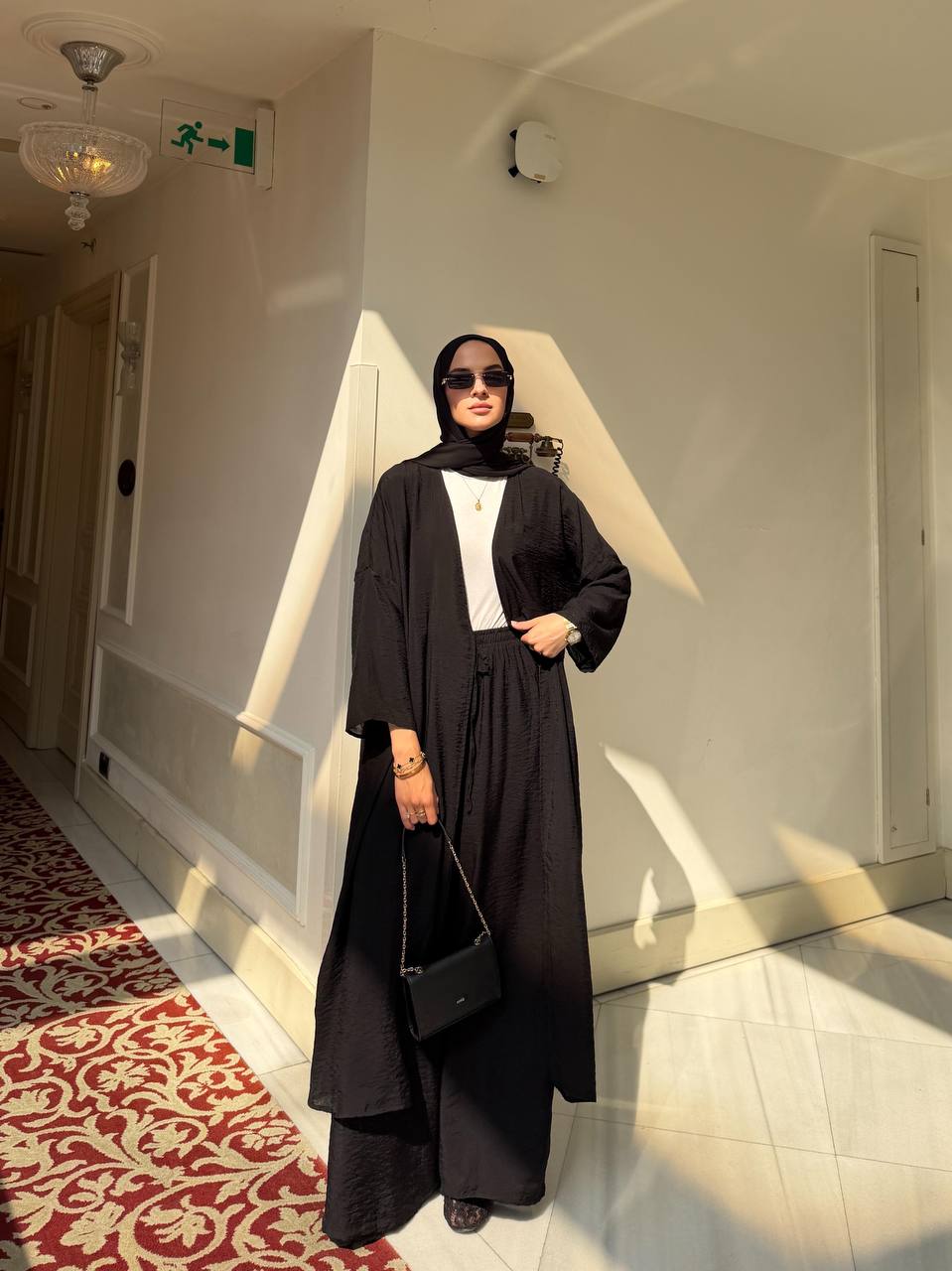 Textured Modal Open Abaya & Wide-Leg Pant Set – Black