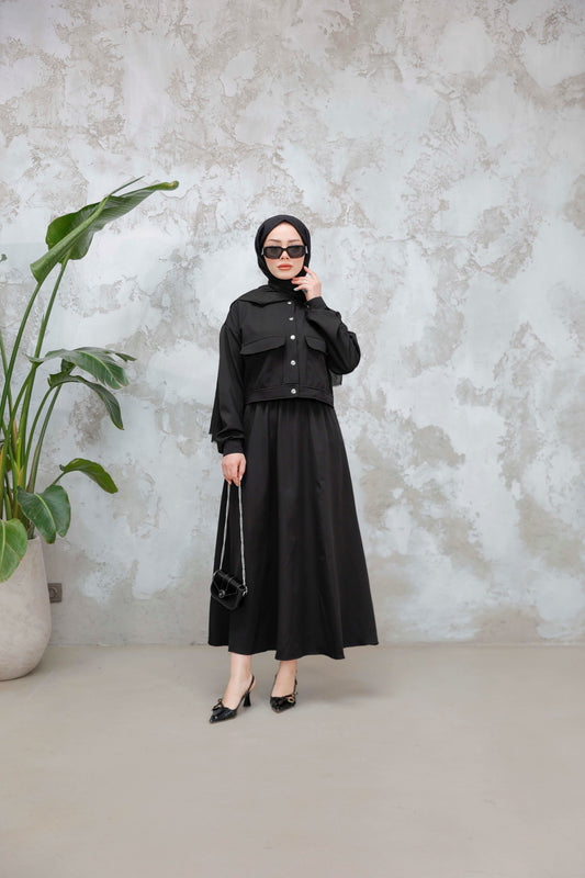 Button Detail Skirt Set – Black