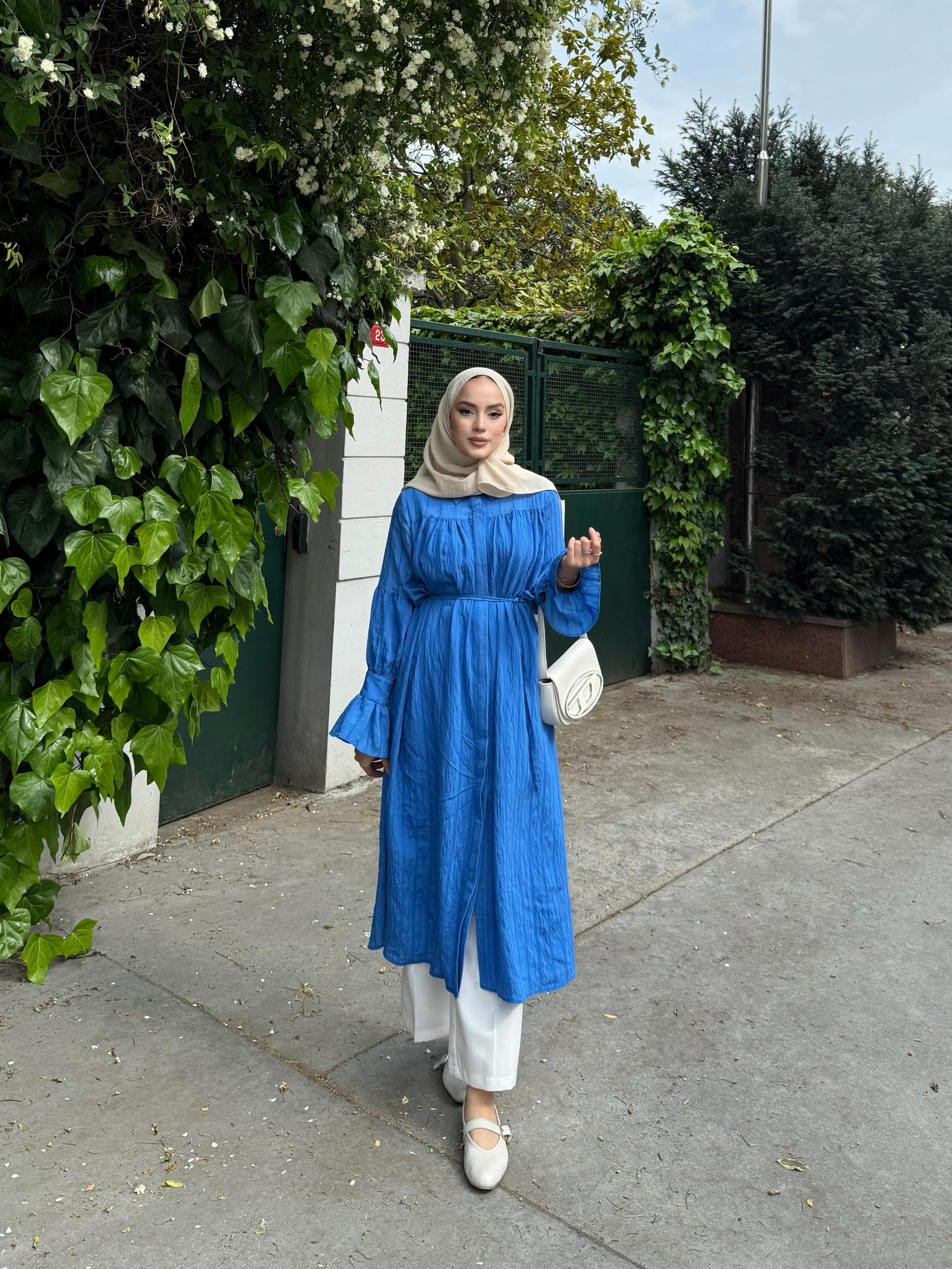 Striped Modal Belted Tunic Dress – Cobalt Blue
