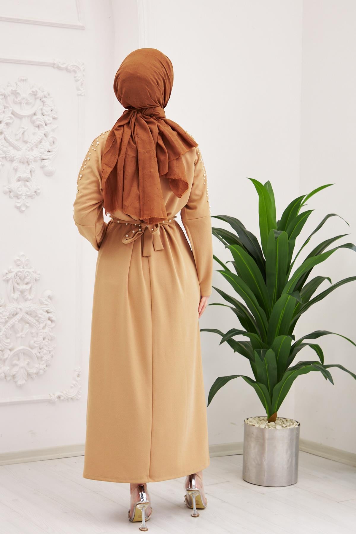 Elara Pearl Detail Modest Maxi Dress – Beige