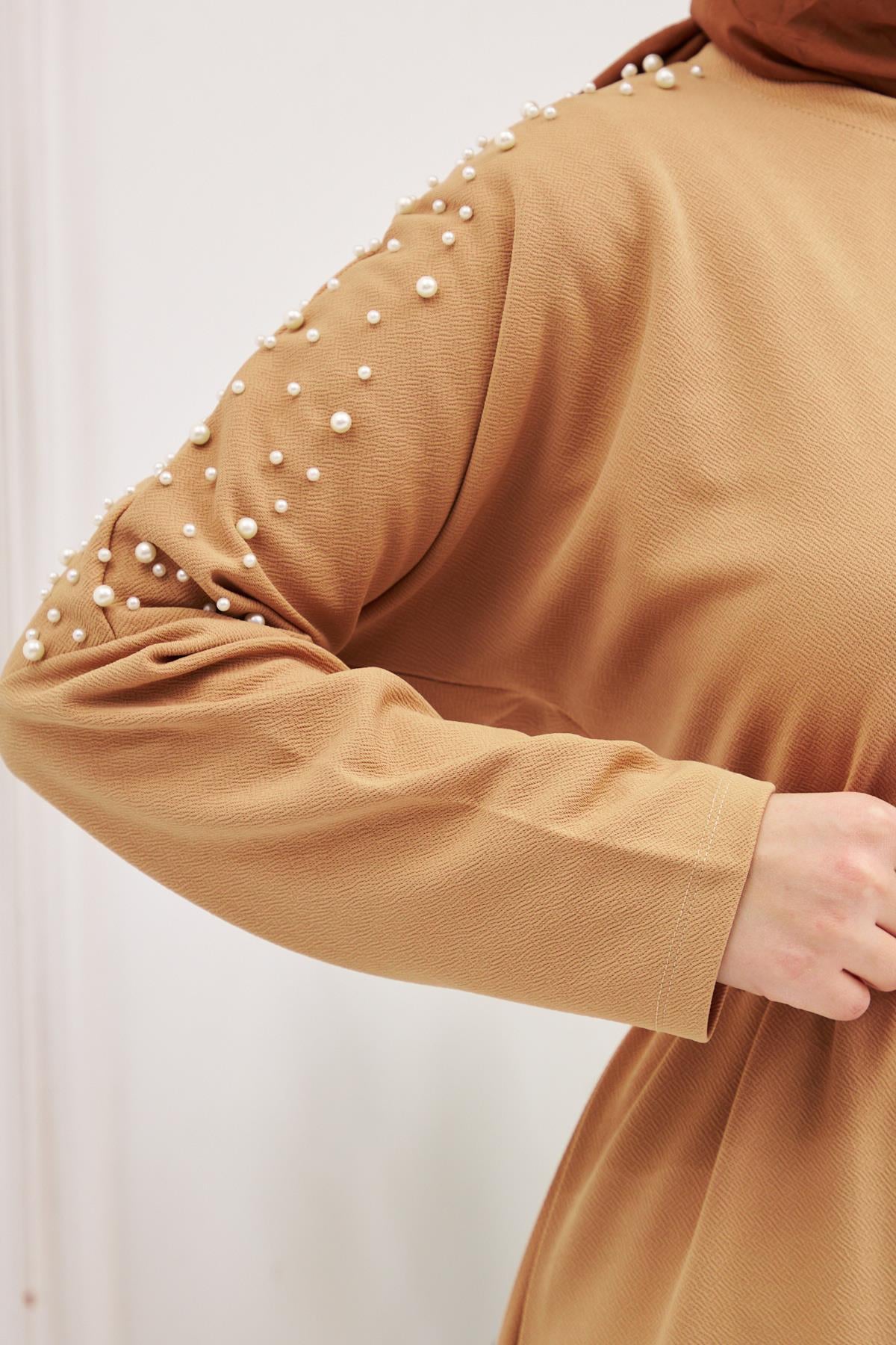 Elara Pearl Detail Modest Maxi Dress – Beige
