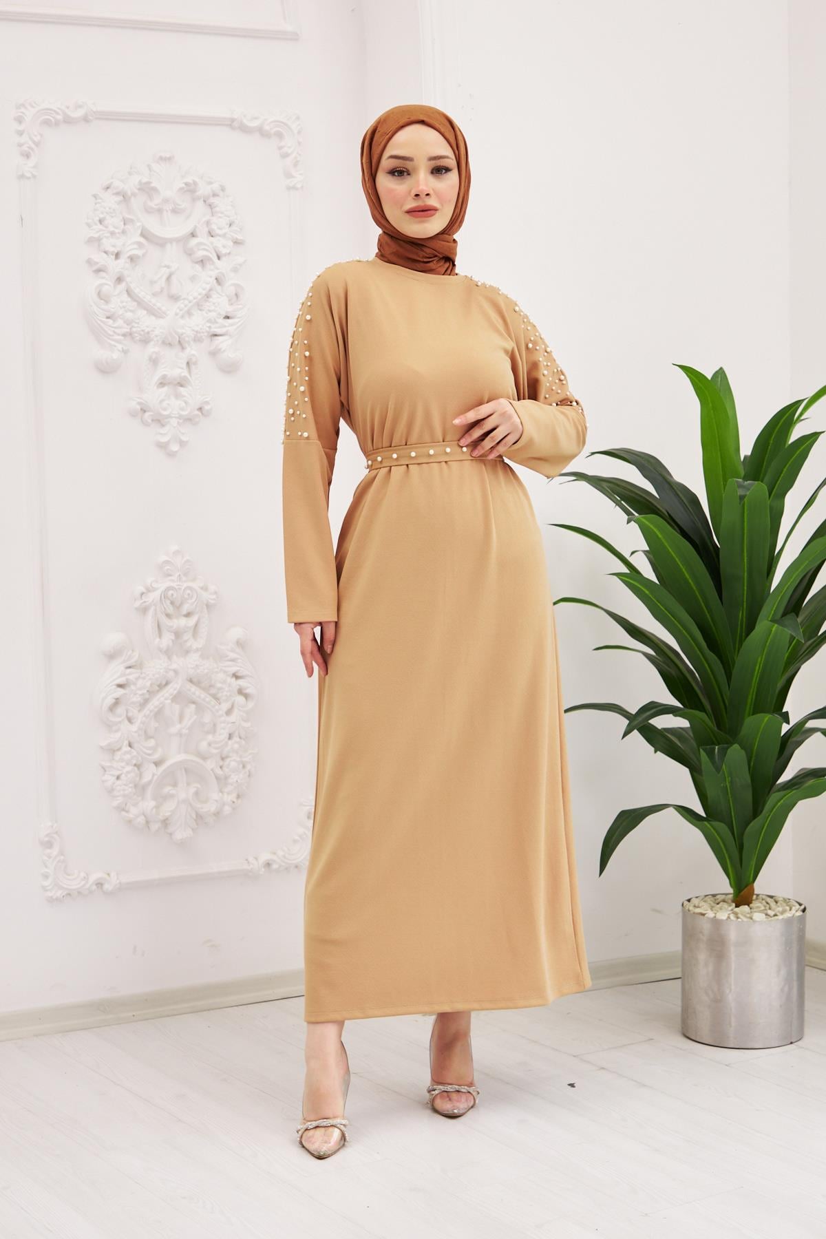 Elara Pearl Detail Modest Maxi Dress – Beige