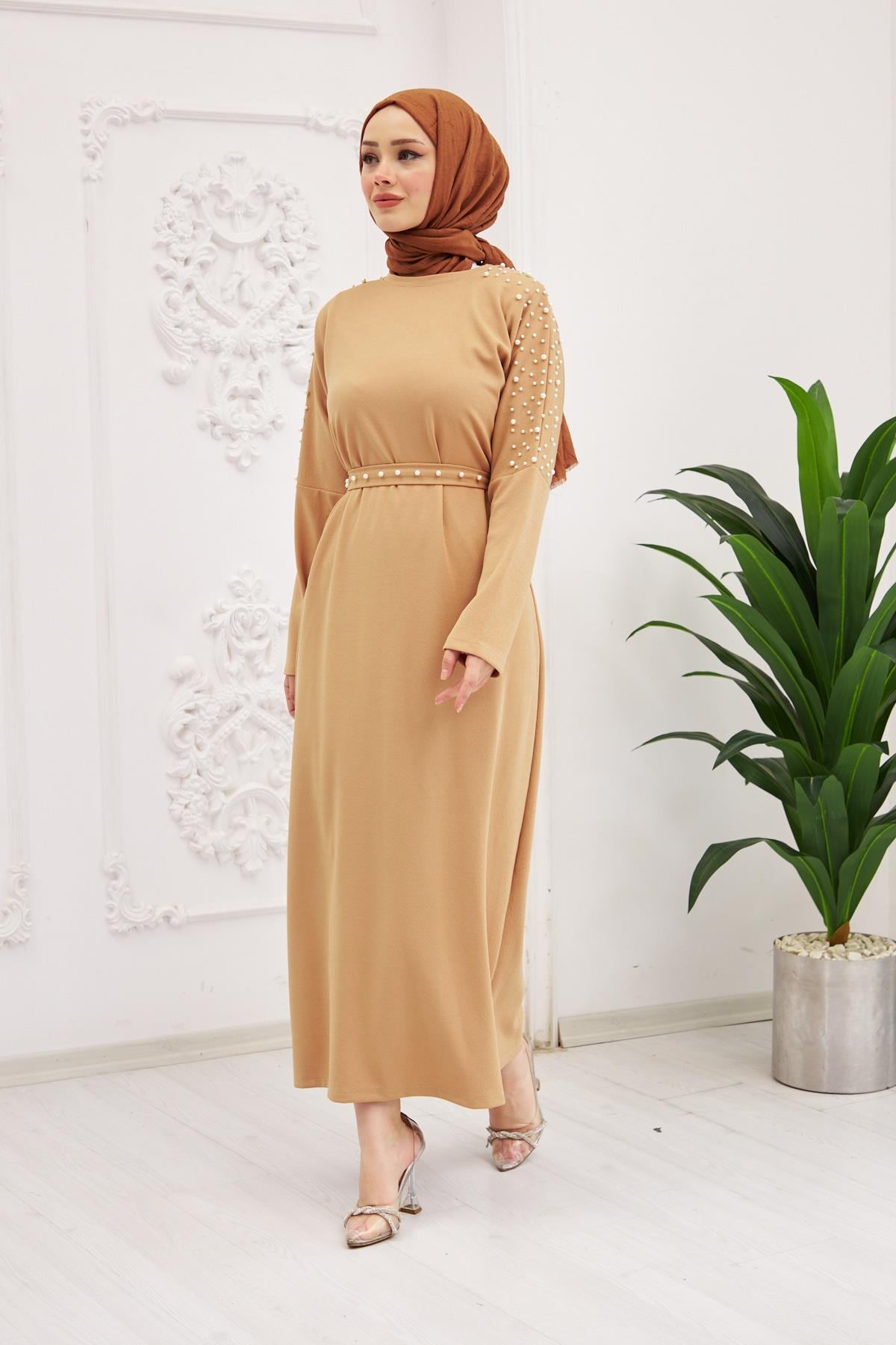 Elara Pearl Detail Modest Maxi Dress – Beige