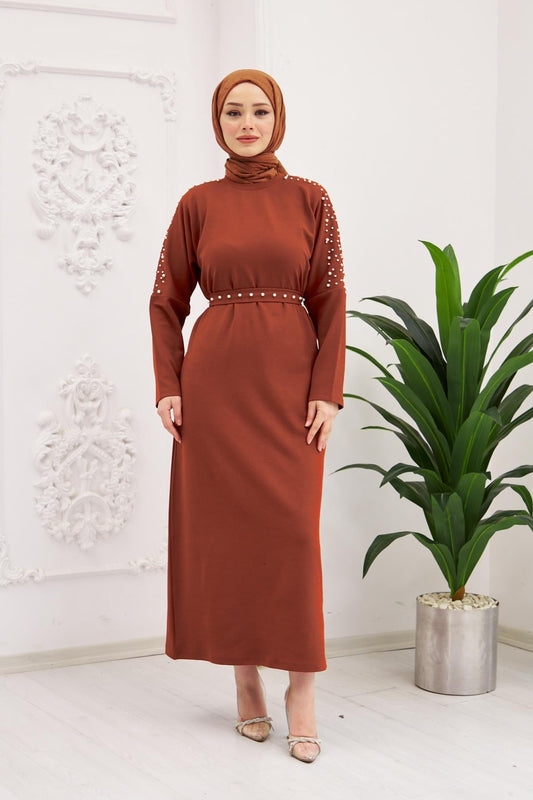 Elara Pearl Detail Modest Maxi Dress – Brick