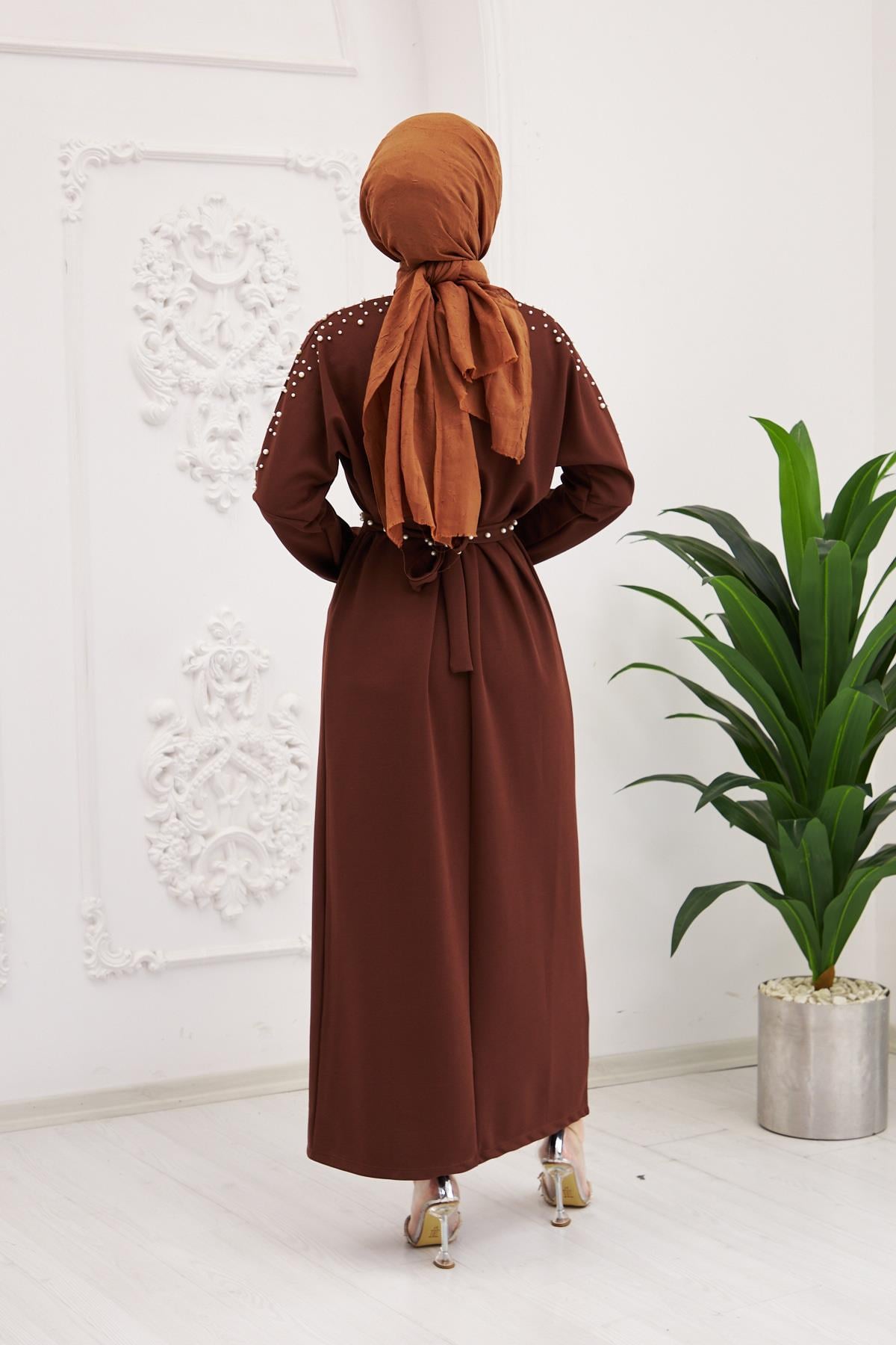Elara Pearl Detail Modest Maxi Dress – Brown