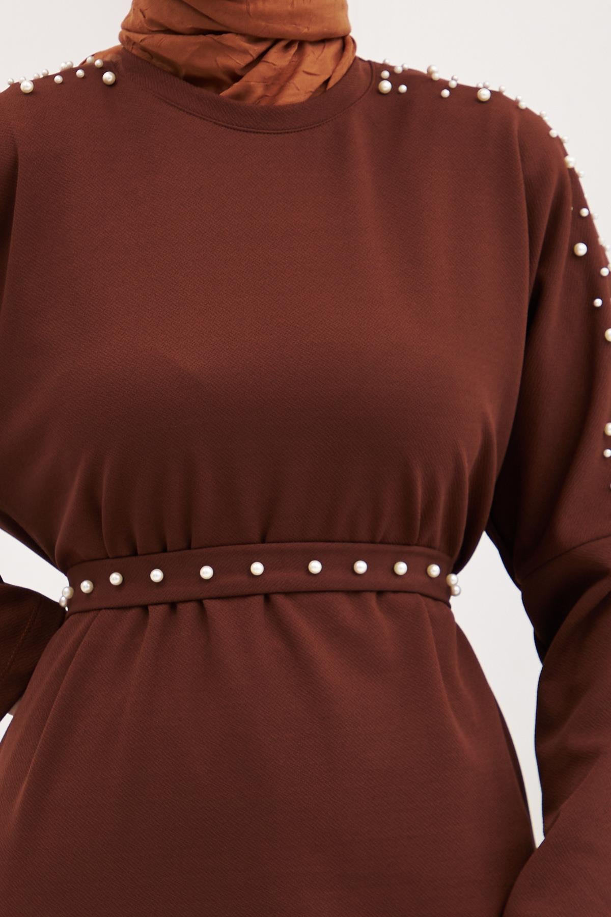 Elara Pearl Detail Modest Maxi Dress – Brown