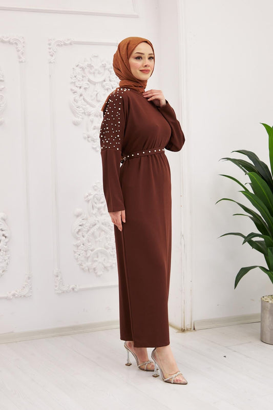 Elara Pearl Detail Modest Maxi Dress – Brown