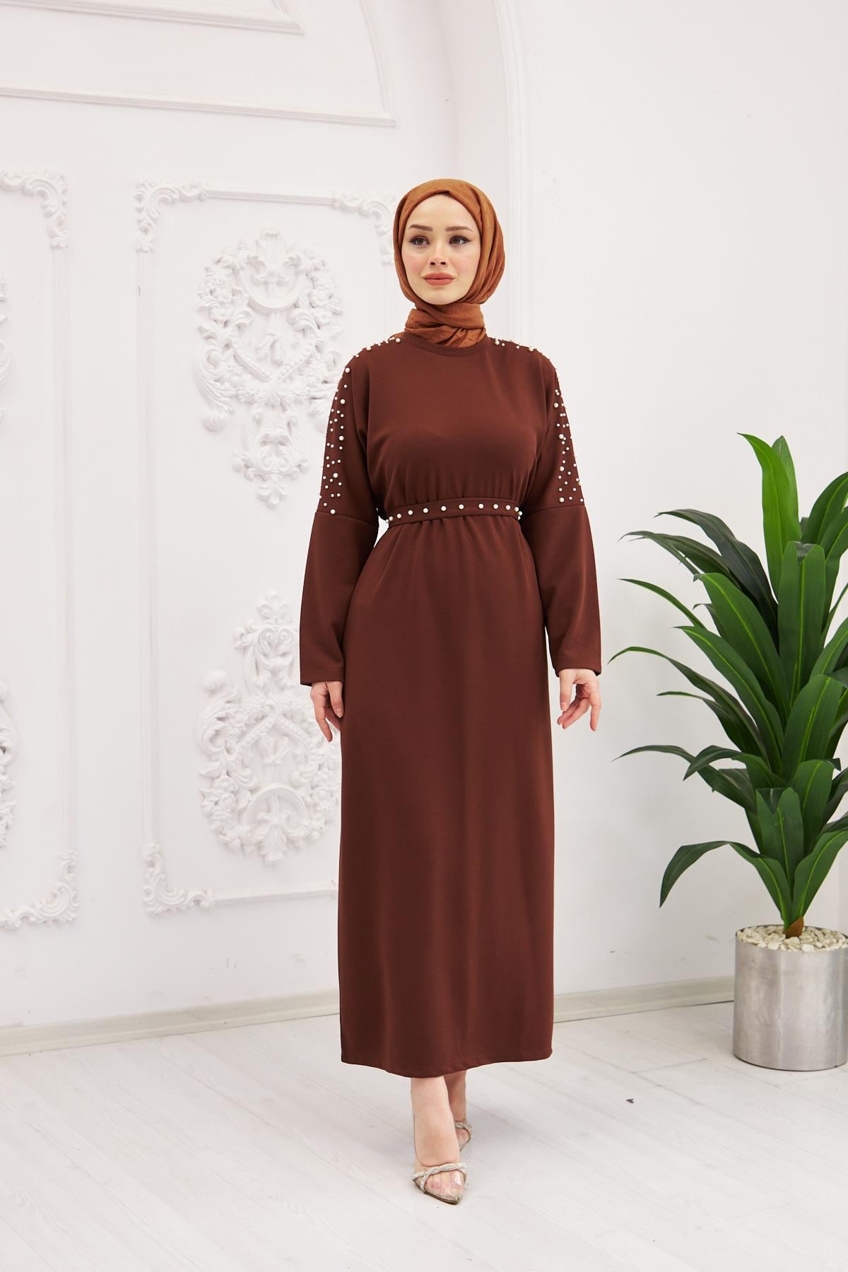 Elara Pearl Detail Modest Maxi Dress – Brown