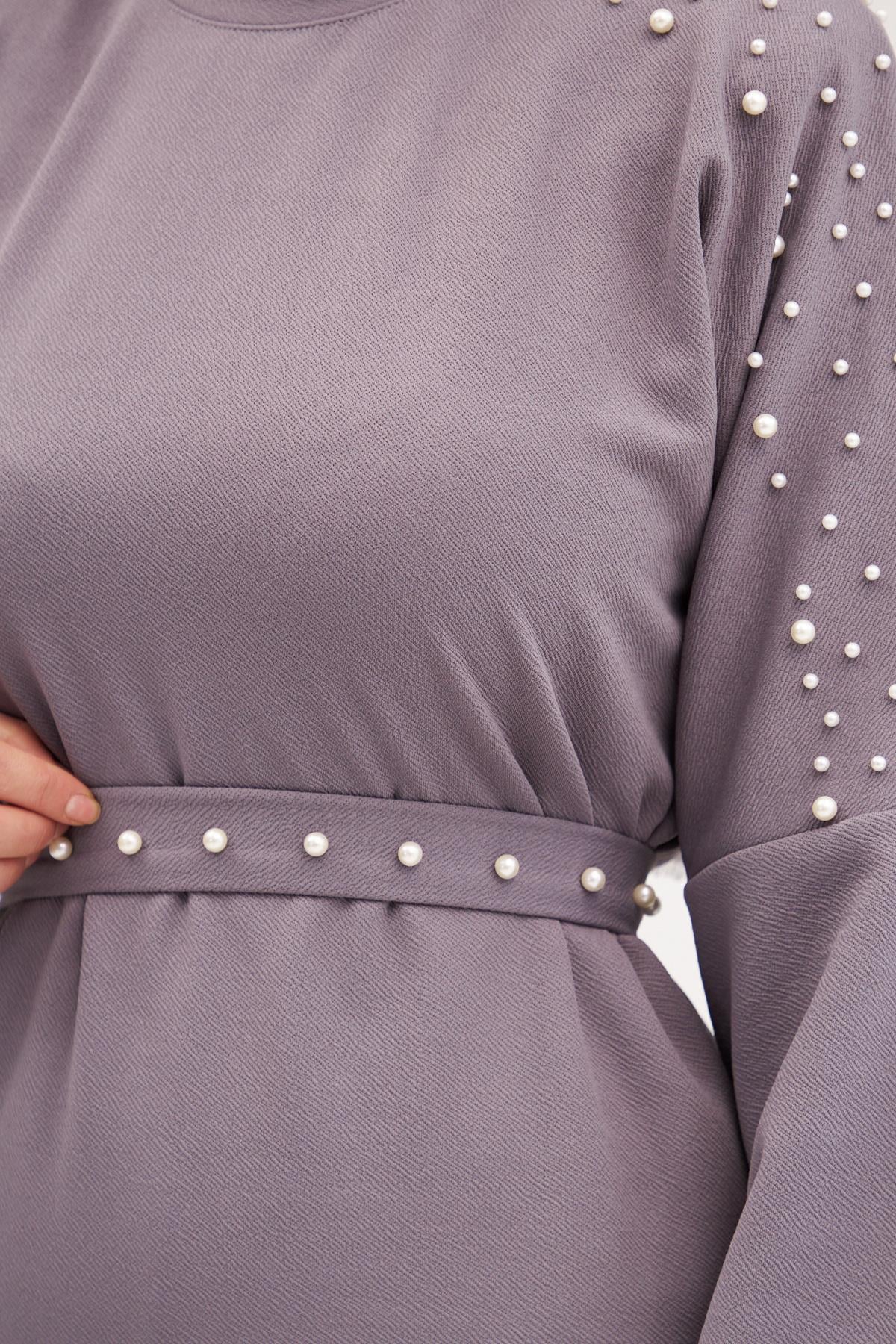 Elara Pearl Detail Modest Maxi Dress – Gray