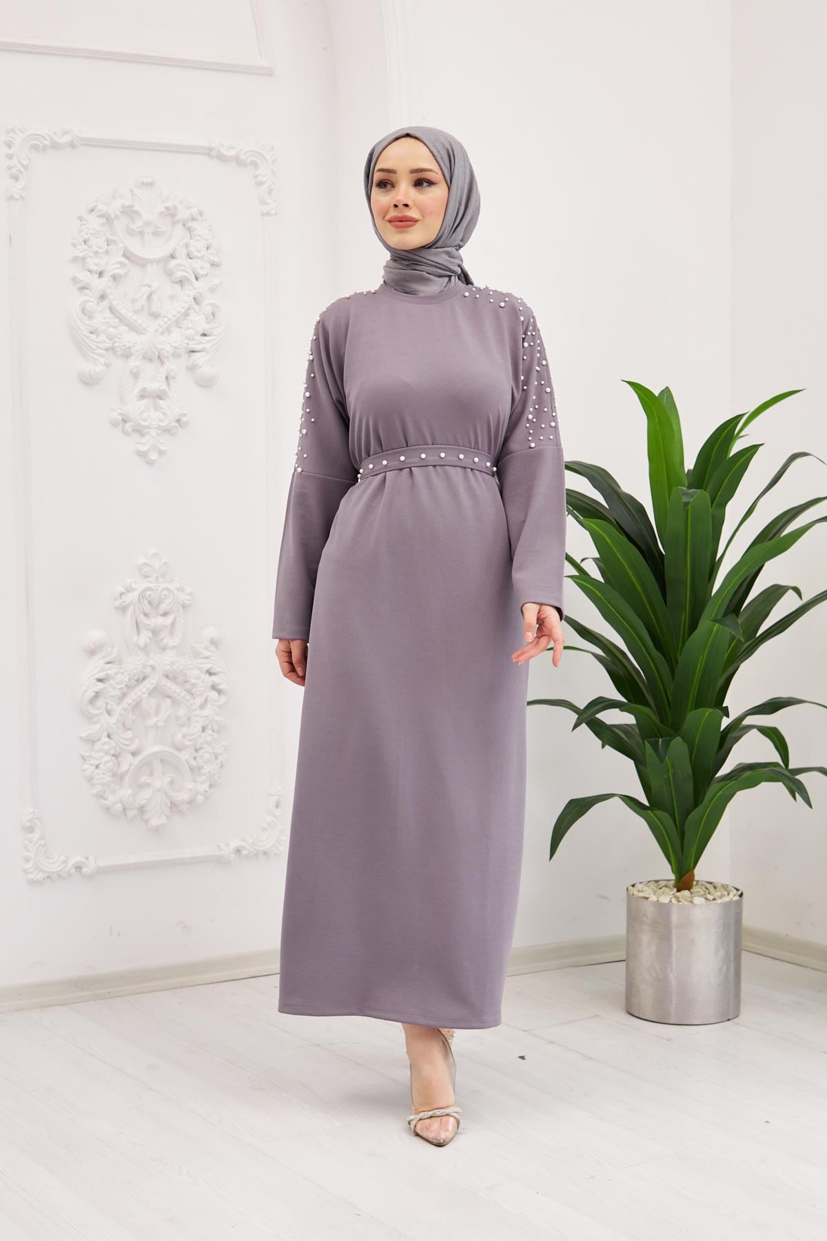Elara Pearl Detail Modest Maxi Dress – Gray