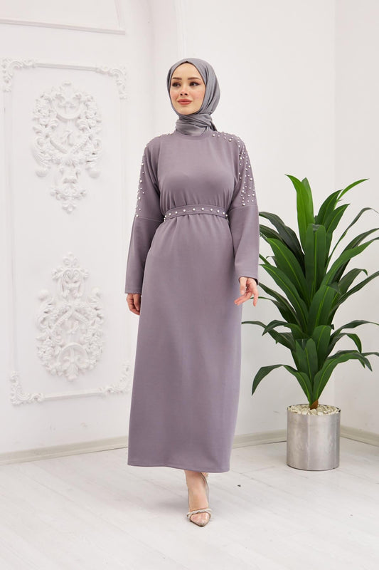 Elara Pearl Detail Modest Maxi Dress – Gray