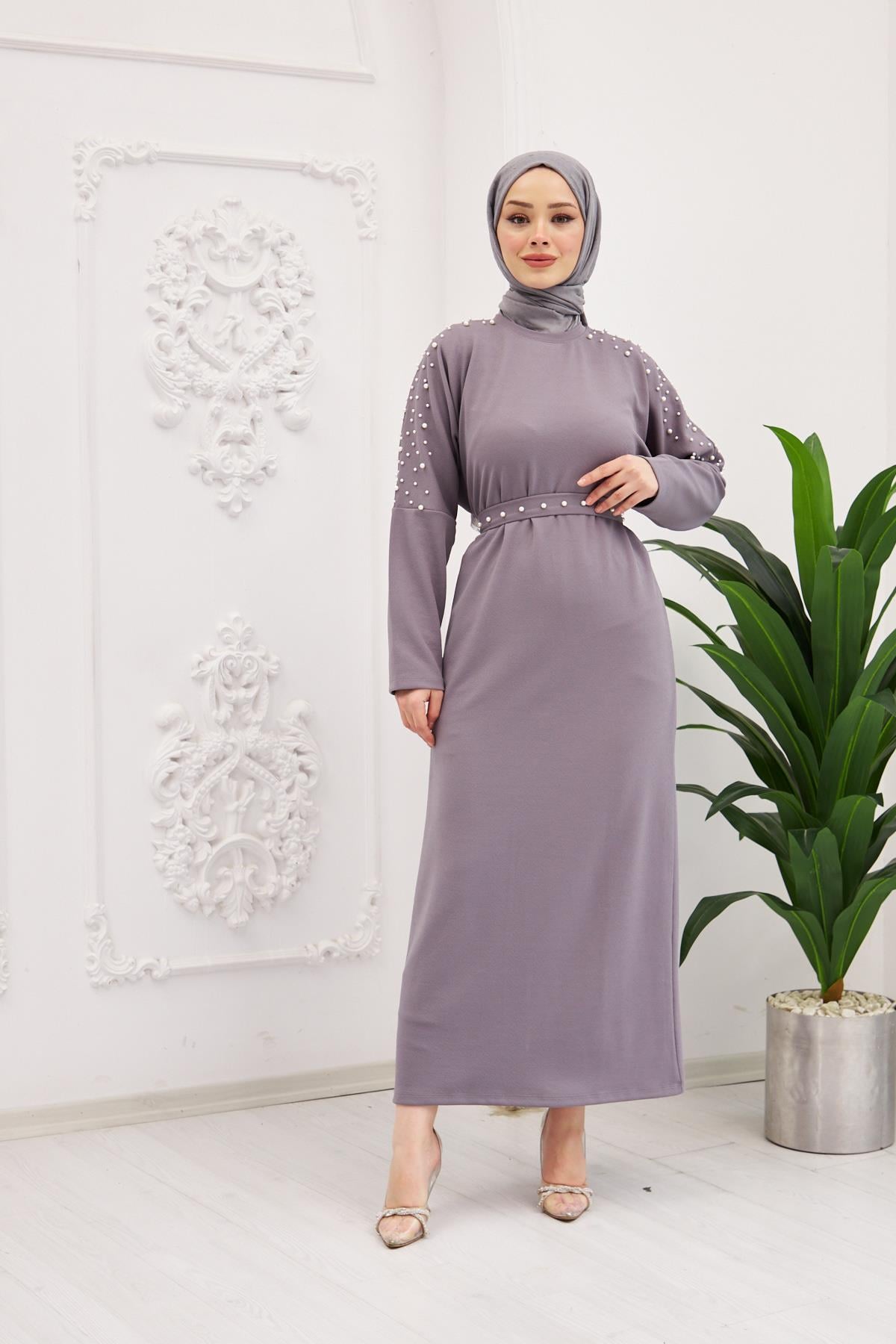 Elara Pearl Detail Modest Maxi Dress – Gray