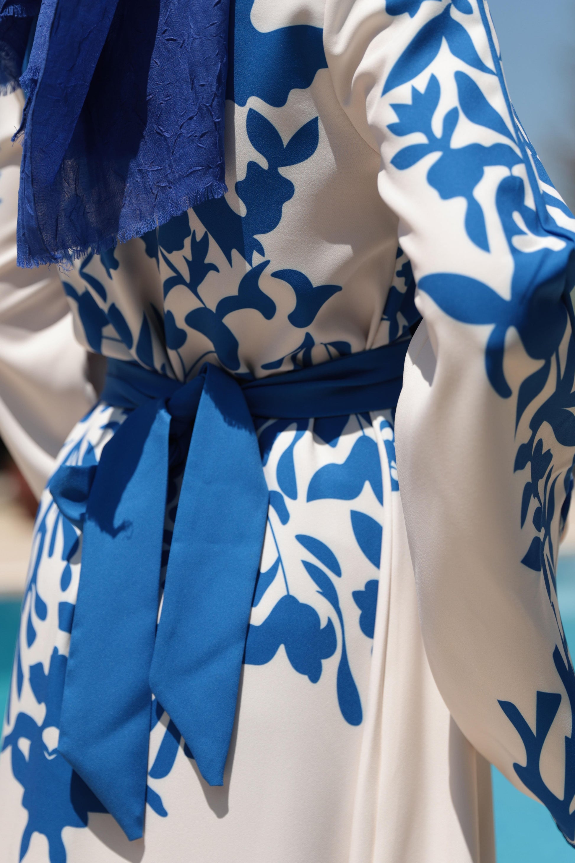 blue and white modest dress White Blue Palm Dress