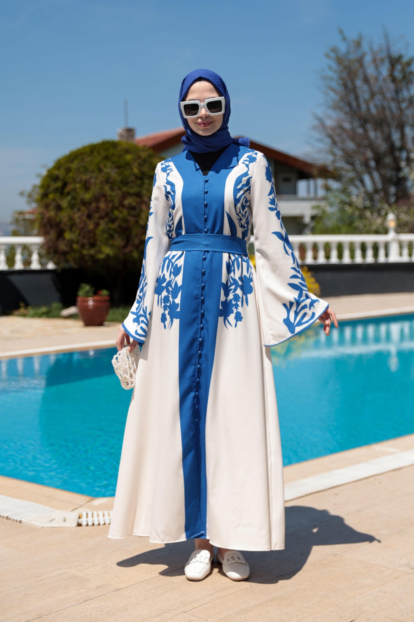 Floral Print Modest Dress – Blue & White