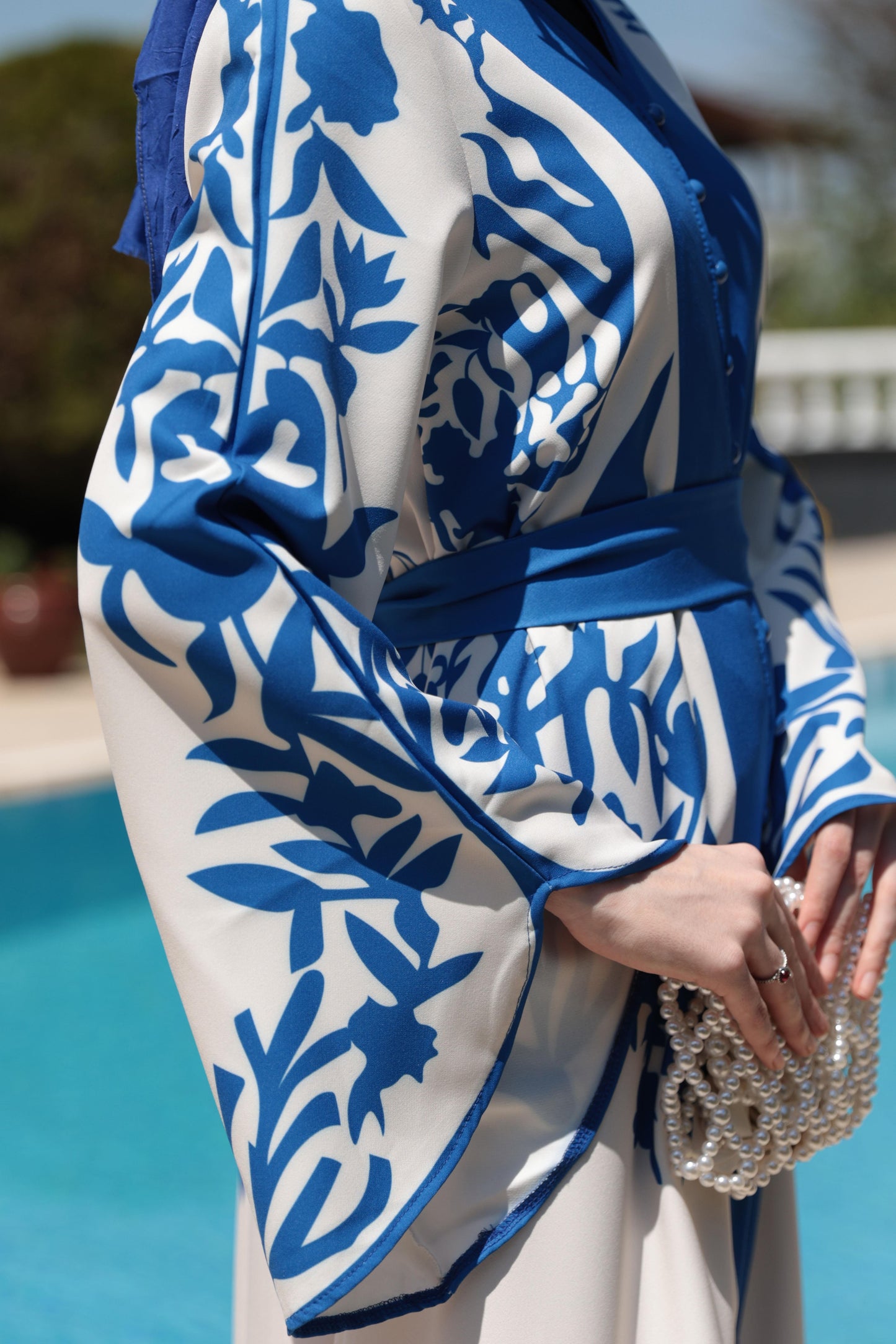 Floral Print Modest Dress – Blue & White